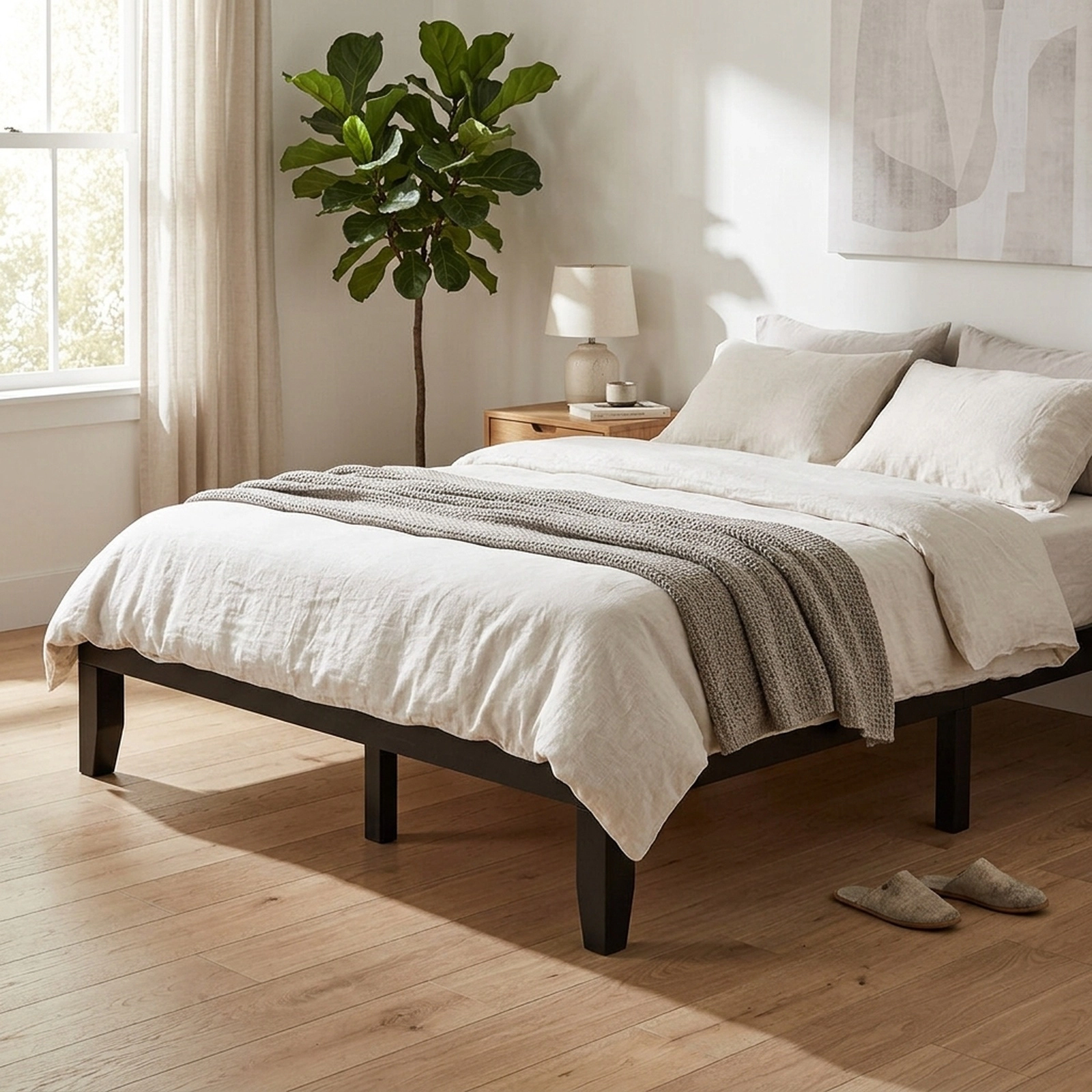 SUGIFT Queen Solid Wood Platform Bed Frame, 14-Inch, 14 Slats, 600-Lb Capacity, Brown