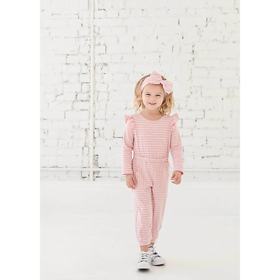 Mabel and Honey Jada Knit Romper - Long Sleeve Ruffle Shoulder Striped Jumpsuit