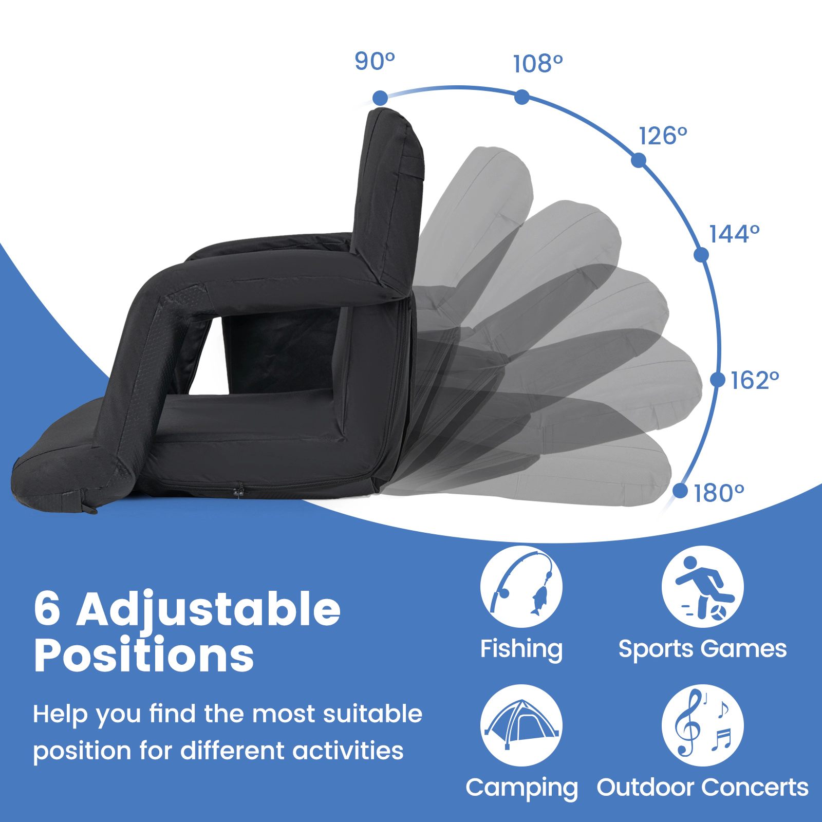SUGIFT 6-Position Adjustable Backrest Stadium Seat Cushion Ottoman 330-lb Capacity 24.5-in Wide 8-lb Portable Black