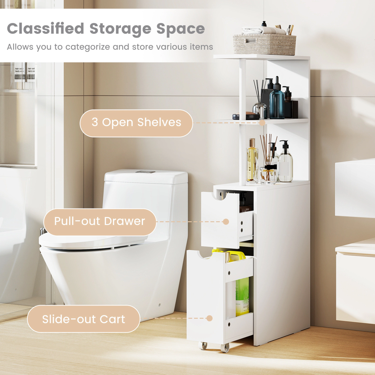 Slickblue Slim Bathroom Storage Cabinet White MDF Drawer Rolling Cart Open Shelves