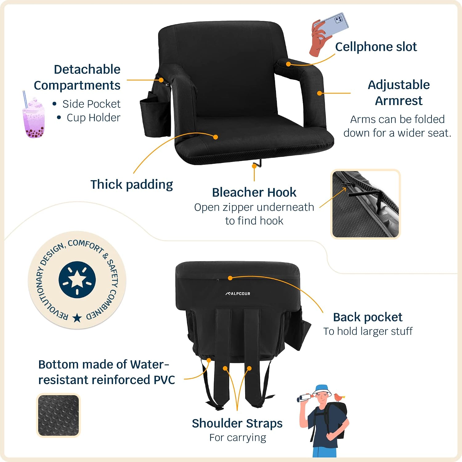 Alpcour Wide Reclining Stadium Seat - Waterproof 600D Polyester, Extra-Thick Padding