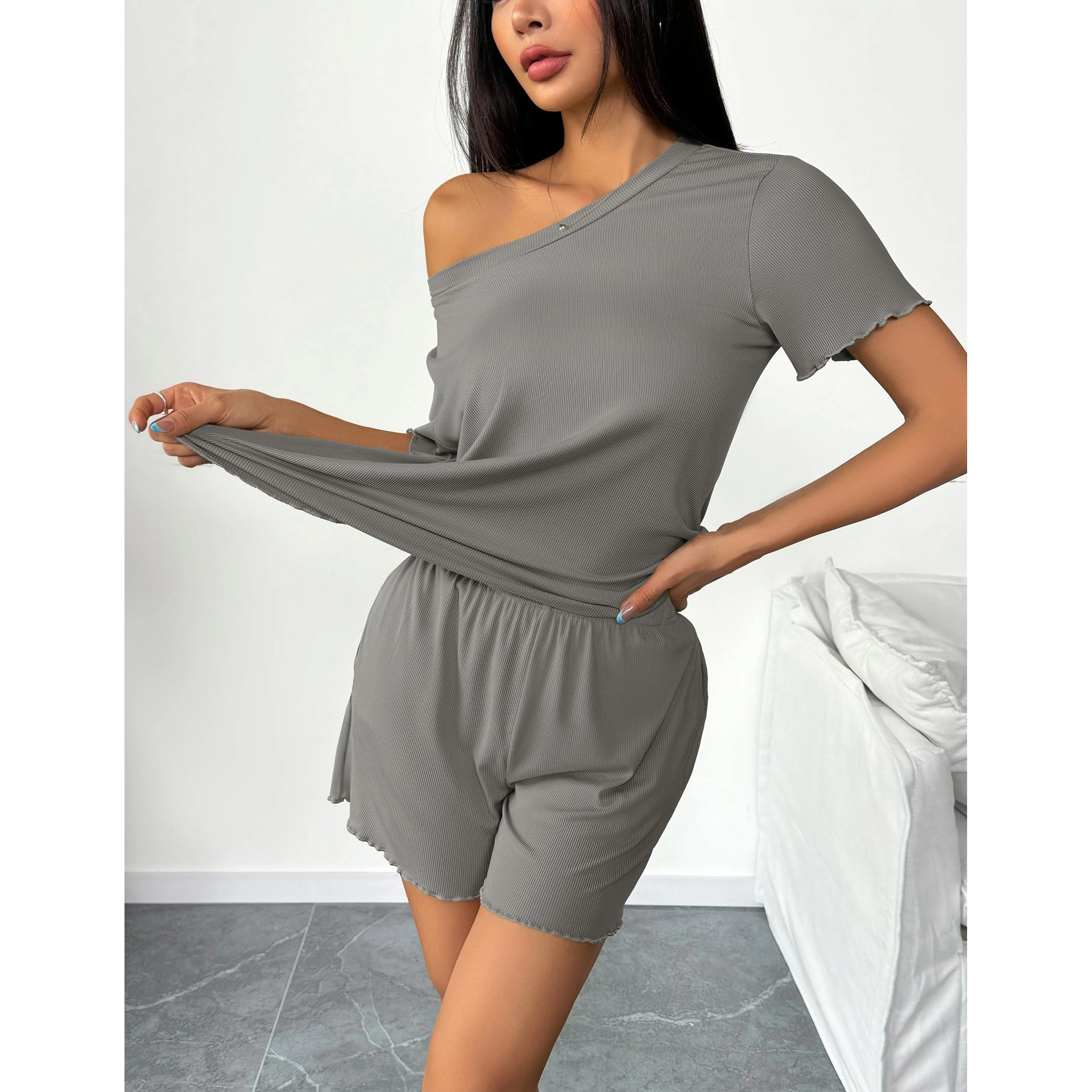 Ekouaer Women's Crew Neck Short Sleeve Ribbed 2 Piece Lounge Set