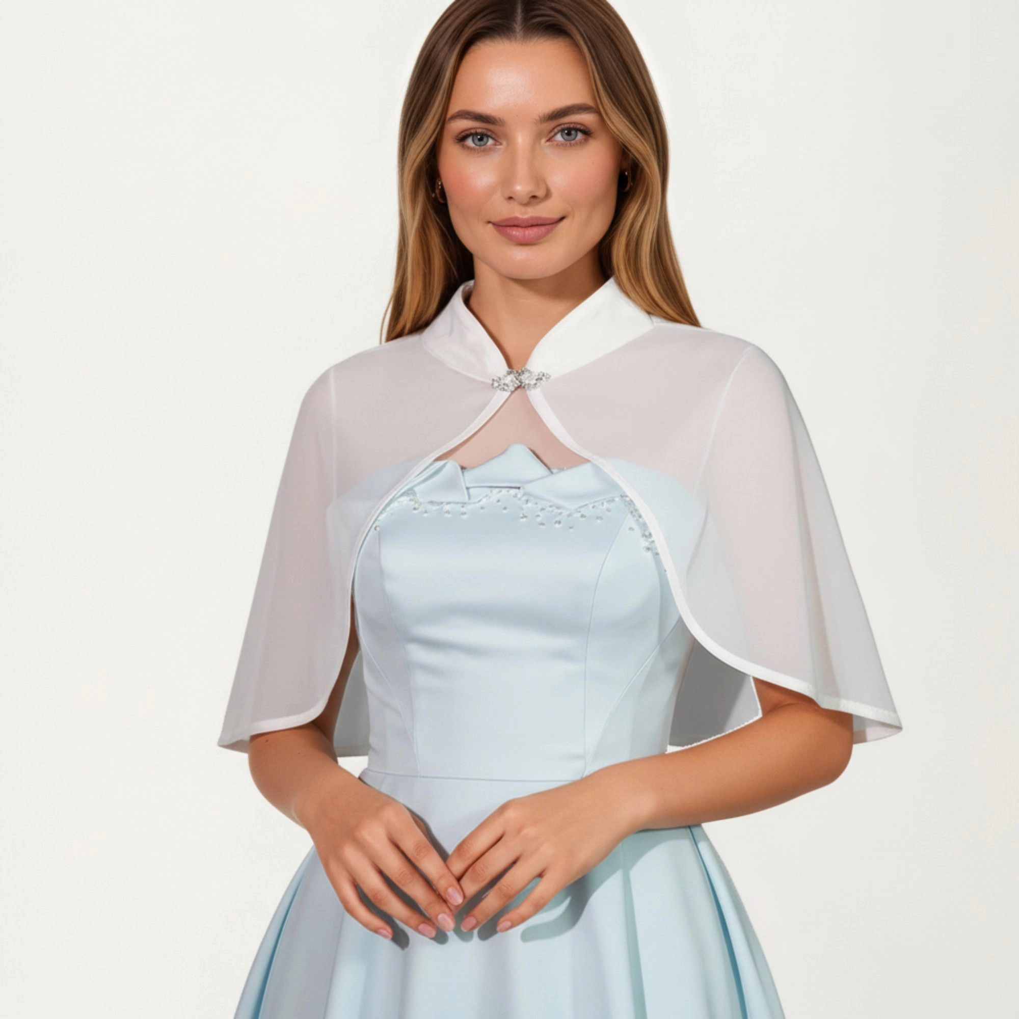 Anna-Kaci Women's Sheer Chiffon Capelet with Satin Trim Structured Collar and Clasp Front for an Light Overlay