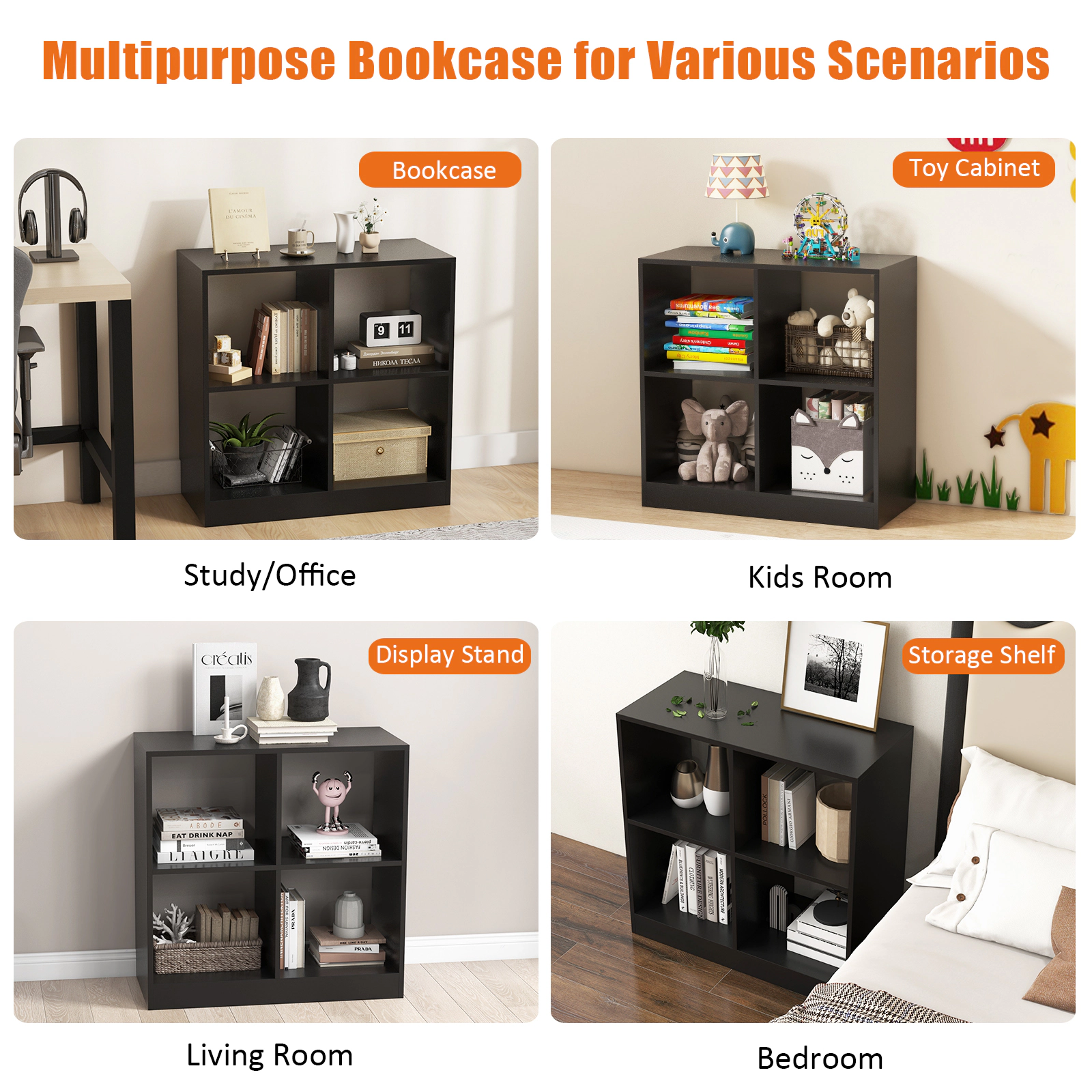 SUGIFT Kids 4-Cube Anti-Toppling Wooden Toy Storage Display Bookcase 29-in x 13-in x 29-in 60-lb per Layer Black