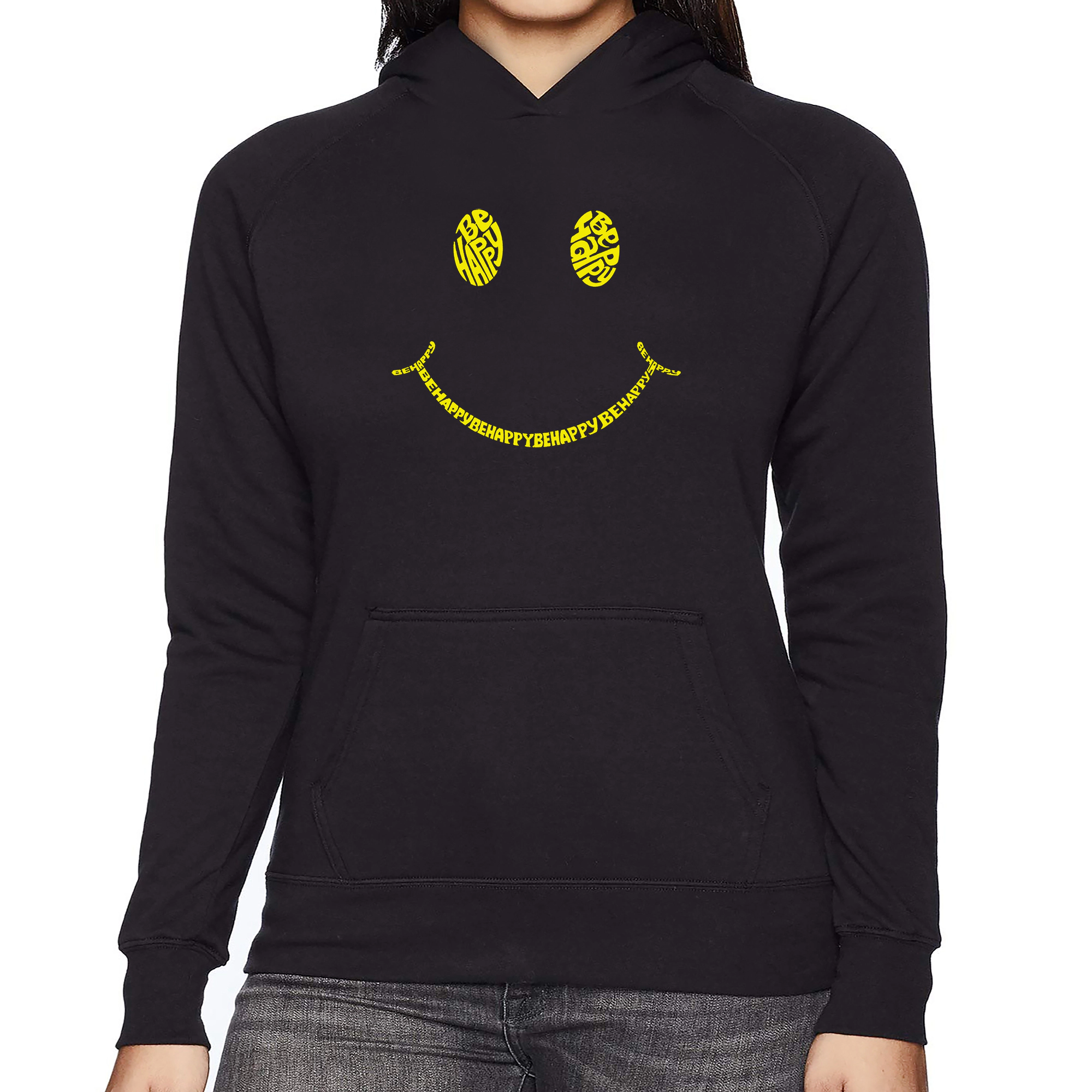 LA Pop Art Be Happy Smiley Face - Women's Word Hooded Sweatshirt