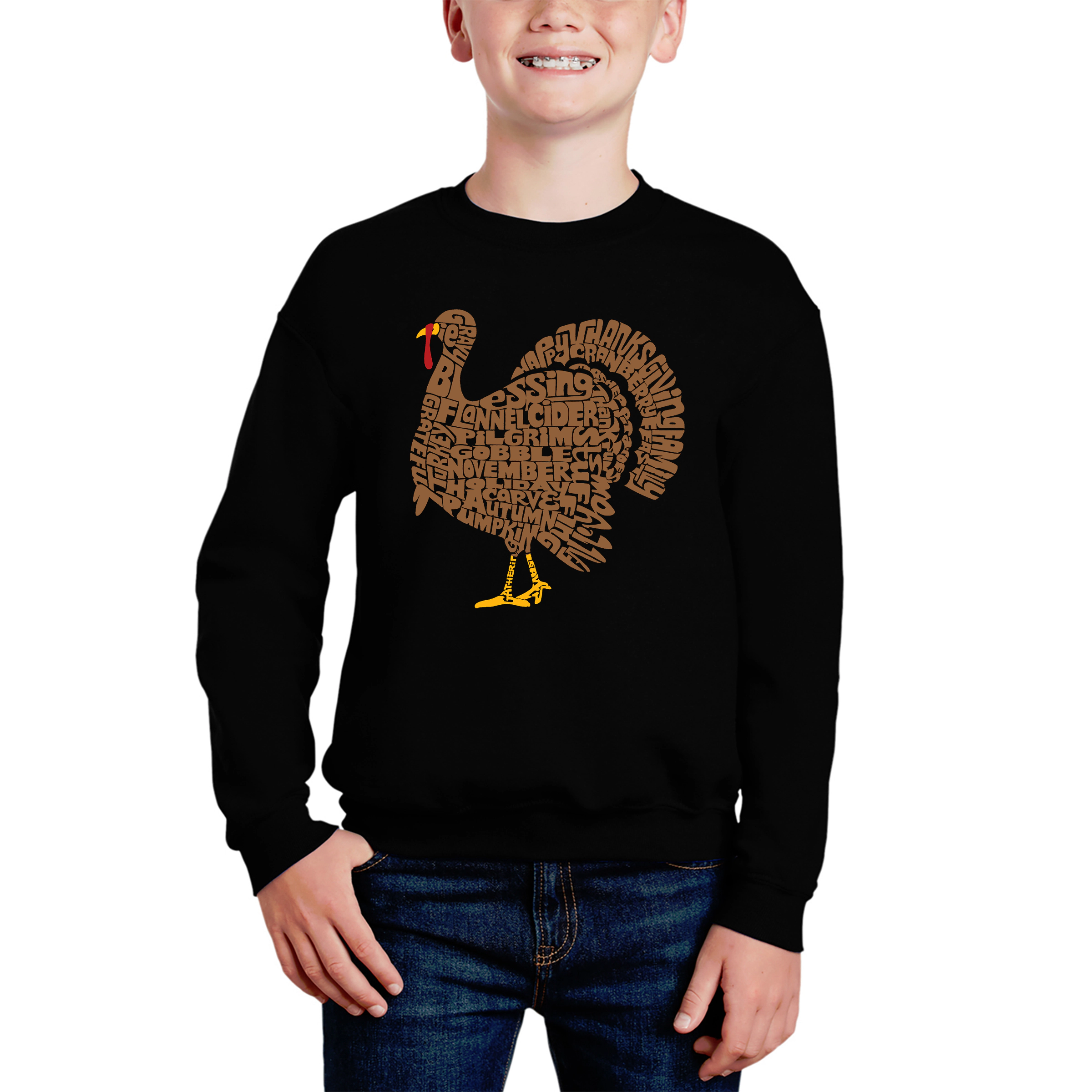 LA Pop Art Boy's Word Sweatshirt - Thankgiving Turkey