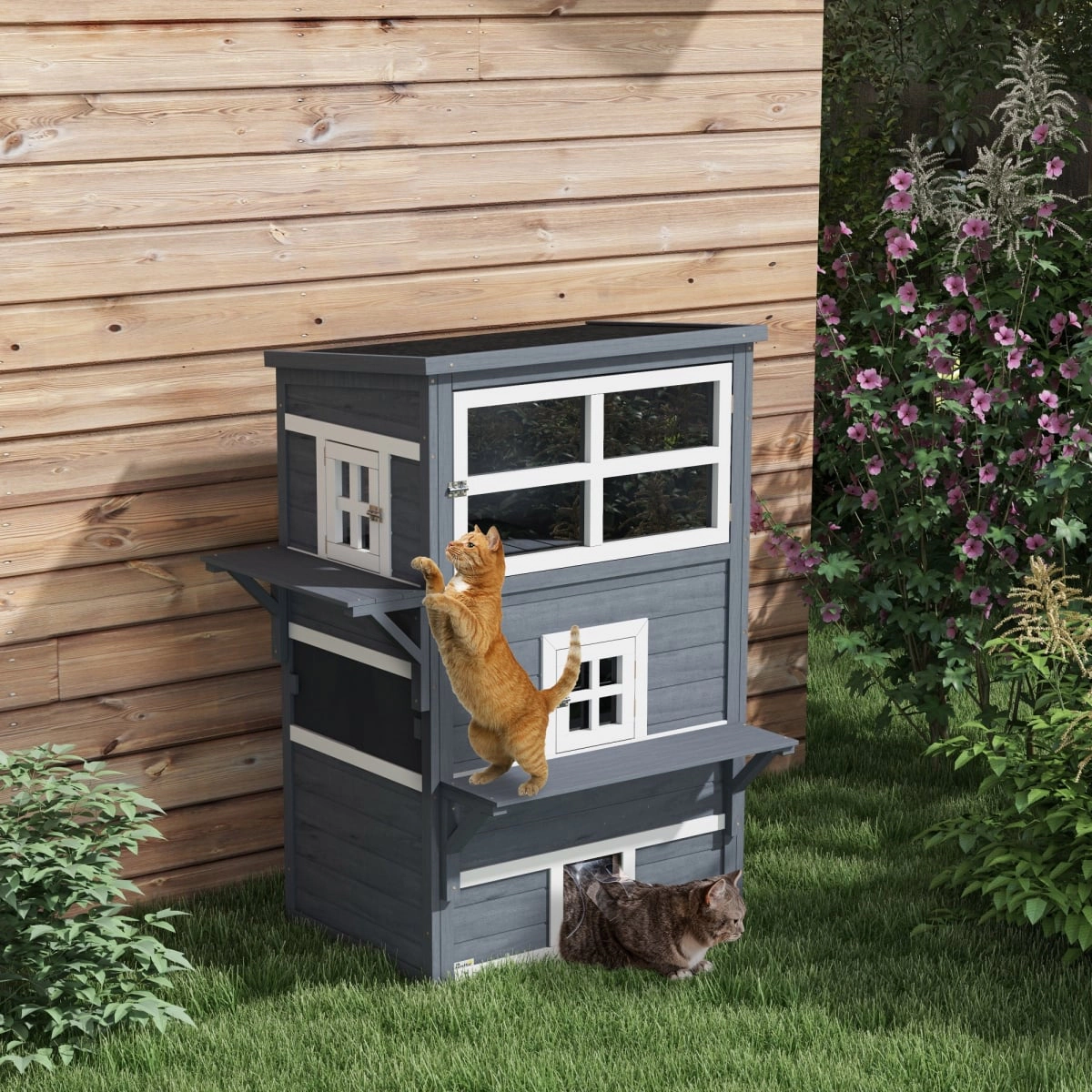 212 Main Paw Hut Cat House, Outdoor 3-Tier Kitty Shelter, Weather Resistant with Escape Door