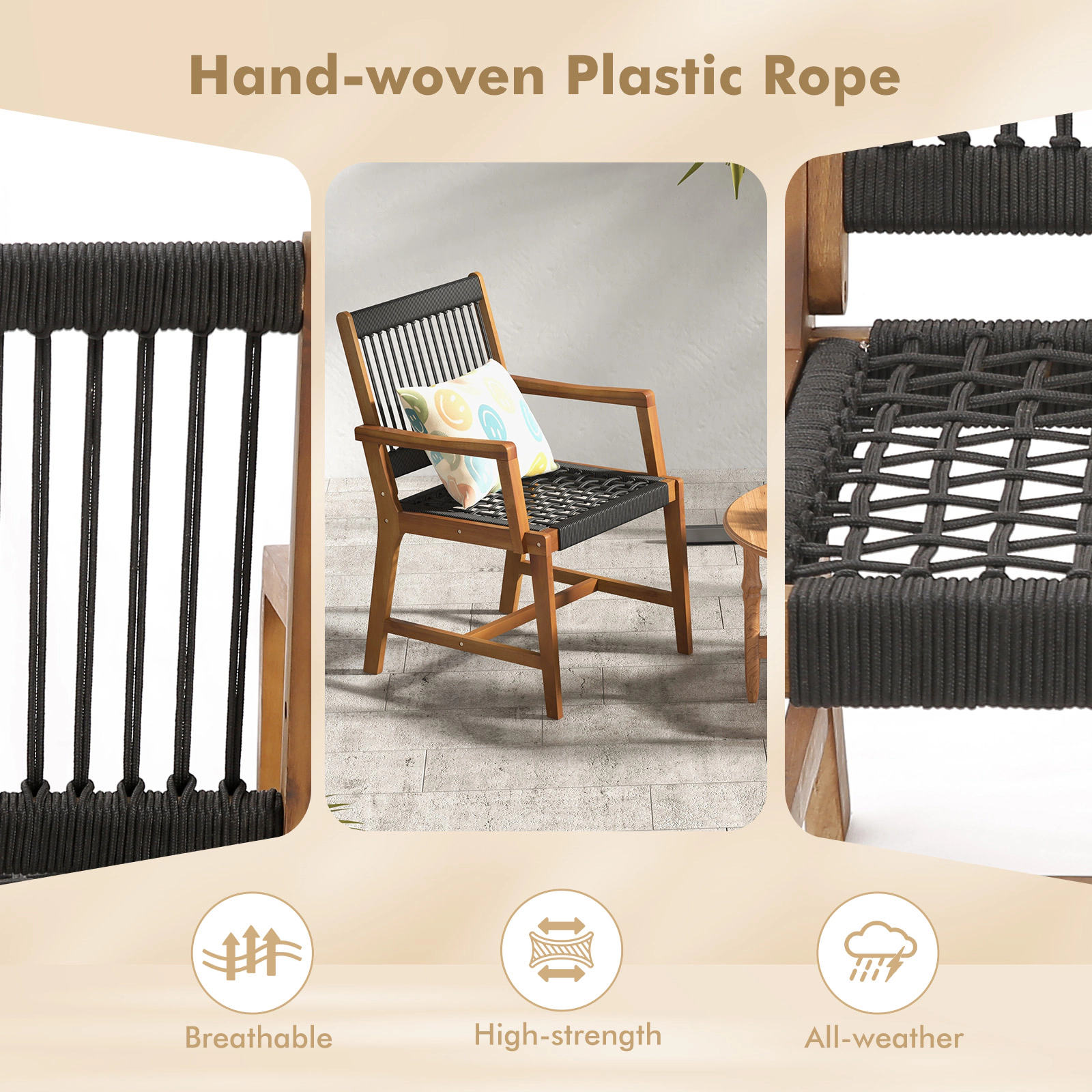 SUGIFT Set of 2 Hand-Woven Rope Patio Acacia Wood Dining Armchairs 360-lb Capacity Black and Natural