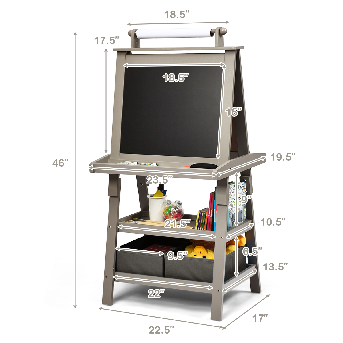 SUGIFT 3-in-1 Double-Sided Storage Art Easel with Paper Roll 46-in Tall Kids MDF Triangle Frame with Shelves & Bins Gray