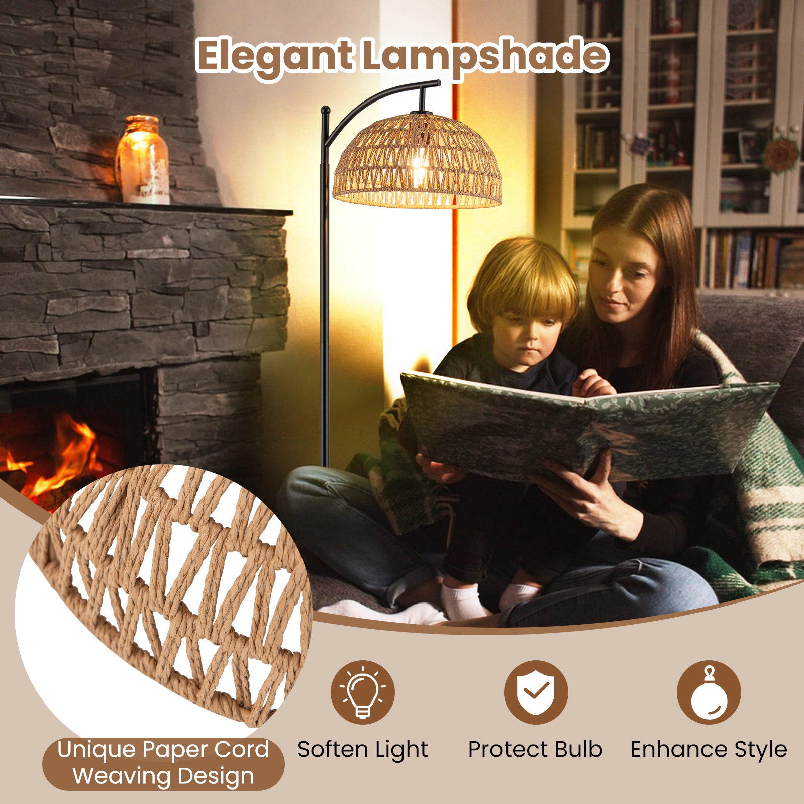 Slickblue Black Arc Floor Lamp 63in E26 Socket Paper Rope Shade Living Room Sofa Light