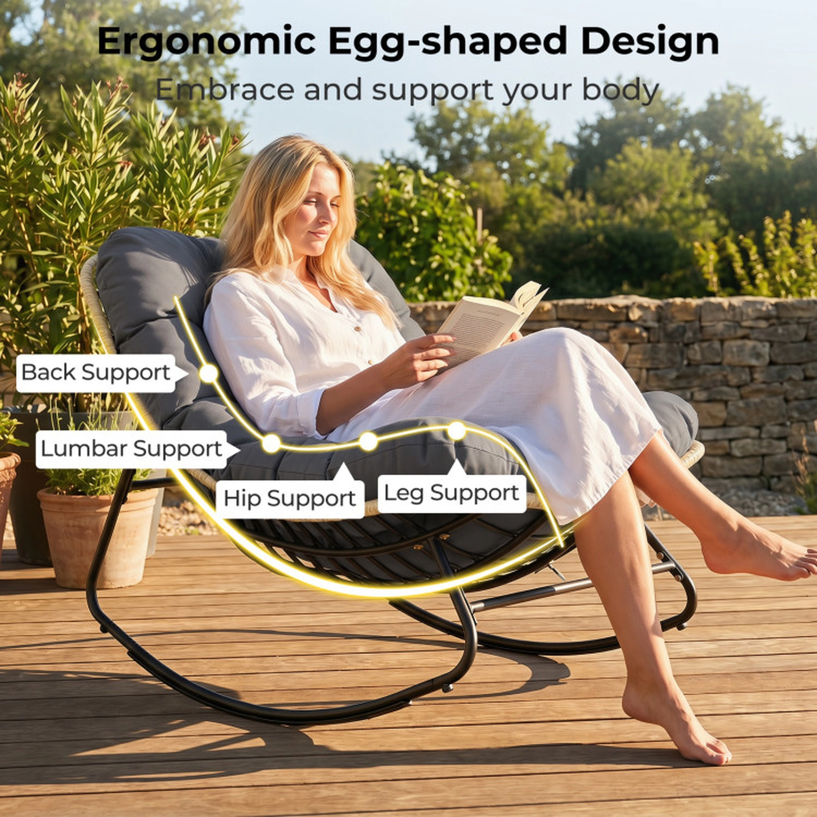 SUGIFT Gray Wicker Papasan Egg Rocking Chair with 6.5-Inch Cushion and Anti-Tip Stoppers