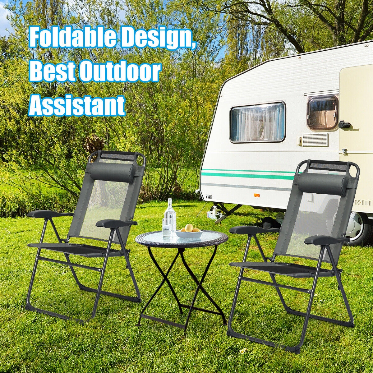 LJG 4 Pieces Patio Garden Adjustable Reclining Folding Chairs with Headrest