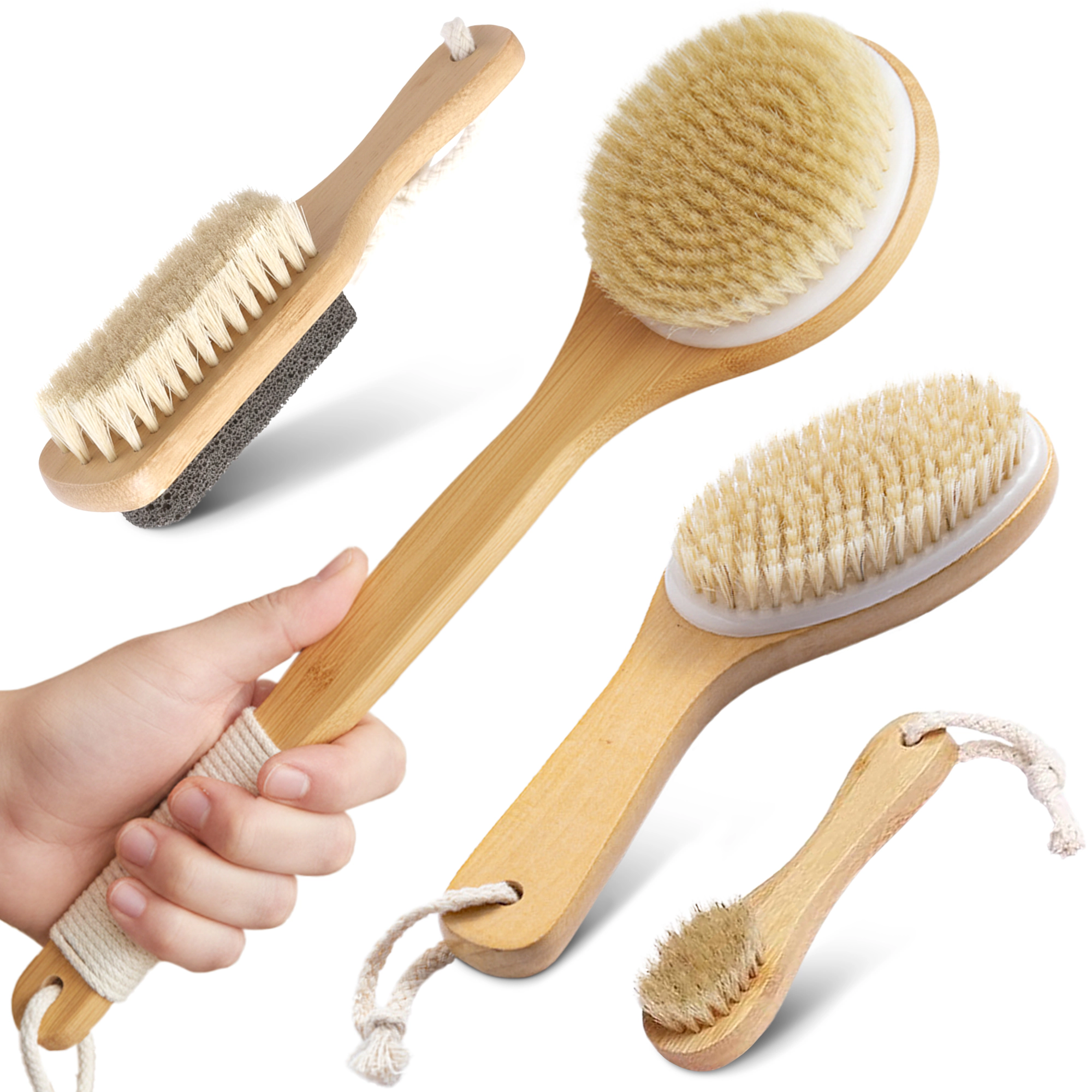 Cheer Collection 4 Piece Natural Bristle Shower Brush Set for Wet and Dry Body Exfoliation