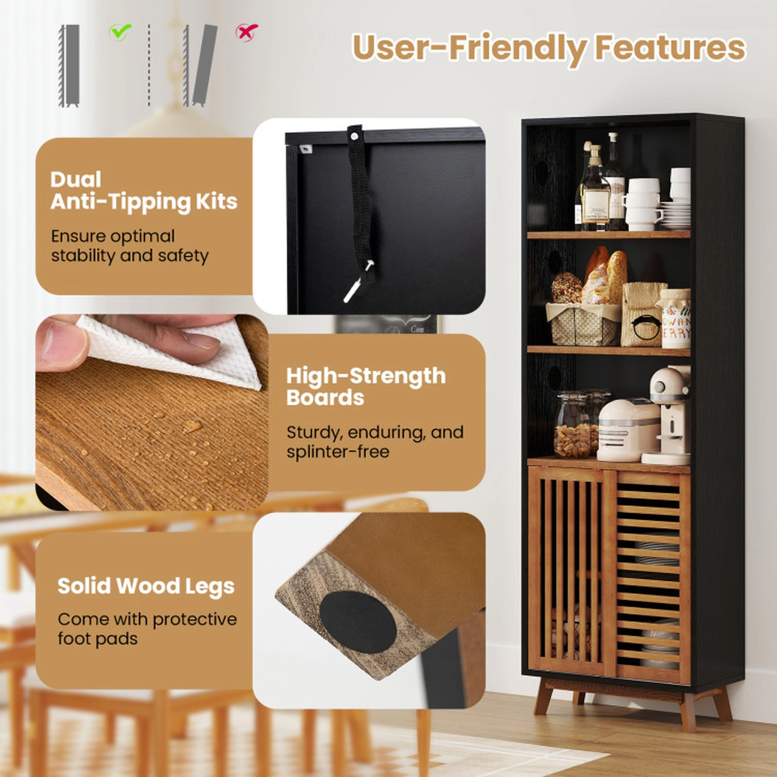 SUGIFT 5-Tier Bookshelf with Triple Open Shelves and Reversible Adjustable Shelf 44-lb Per Tier Capacity Black & Walnut