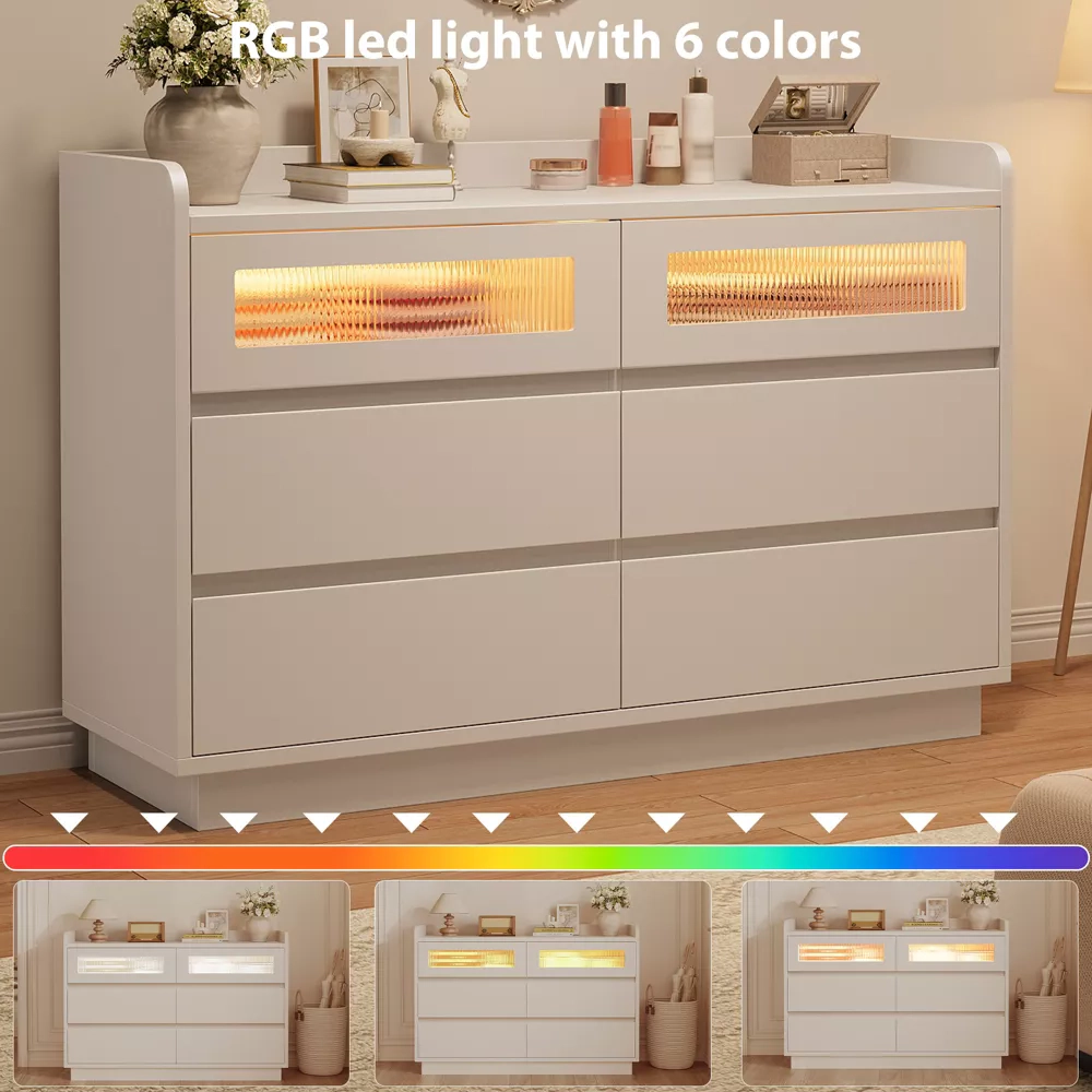 6 Drawer Dresser with LED Lights, 47.2" Wide Modern Wood Storage Chest for Bedroom Living Room