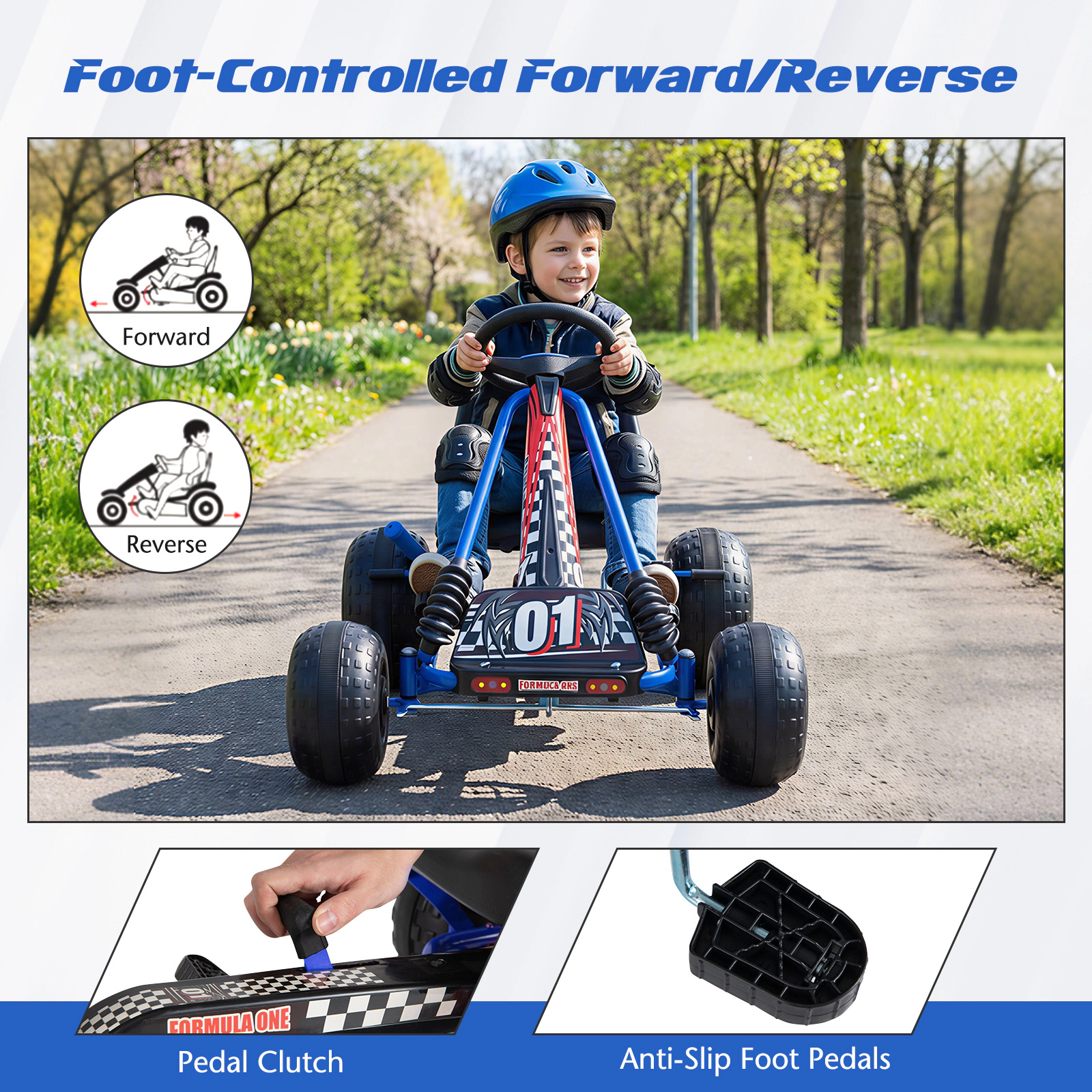 4-Wheel Kids Pedal Go Kart Low Center of Gravity Dual Clutch Modes Hand Brake Multi-Terrain Wheels Ages 3-8 Blue