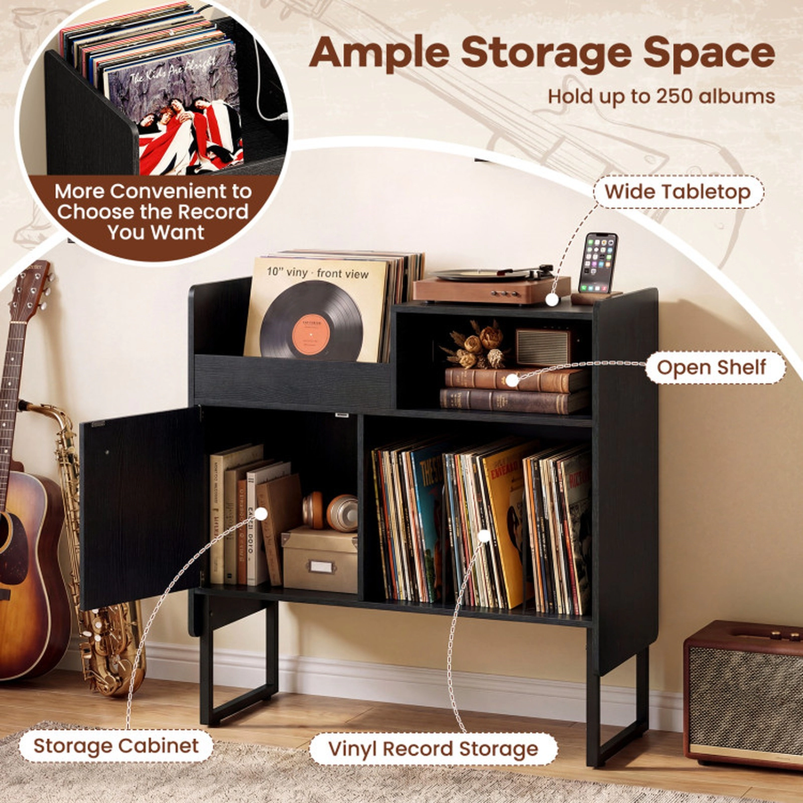 SUGIFT Record Player Stand with Power Outlets & Vinyl Storage Holder up to 250 Albums 400-lb Total Capacity Black/White
