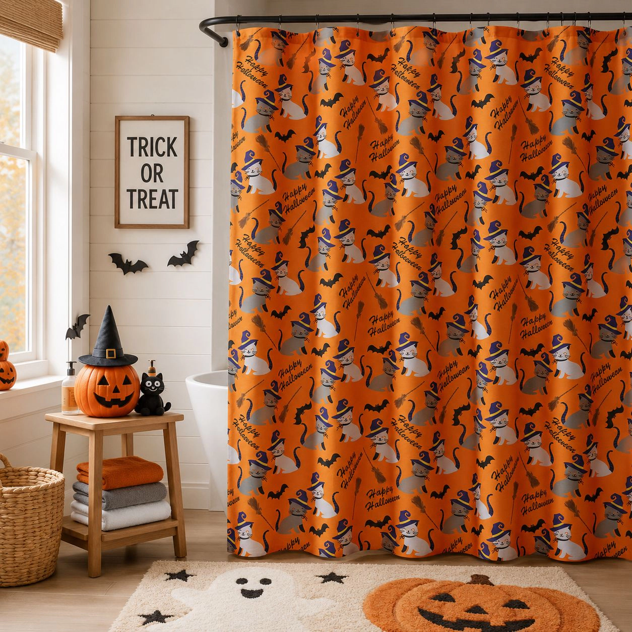 Kate Aurora Halloween Accents Kitty Witches & Broomsticks Festive Orange Fabric Shower Curtain