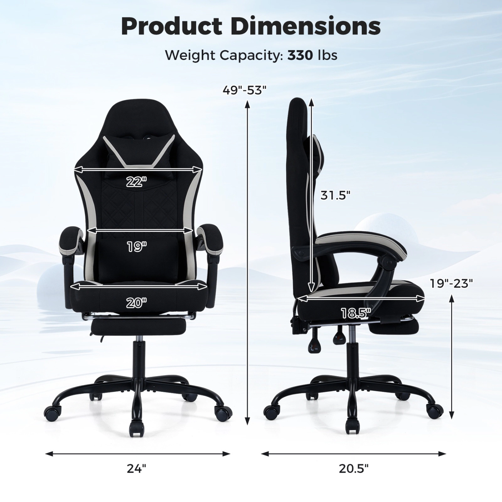 SUGIFT Gaming Chair Black Height Adjustable with Headrest Retractable Footrest and Swivel Seat
