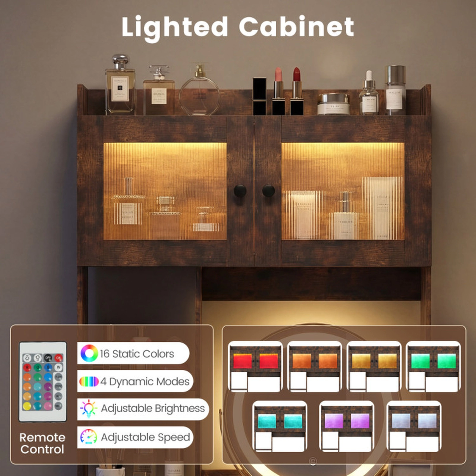 SUGIFT 67 in Vanity Desk with Rotating 16 in Mirror, Dimmable Lights and Storage