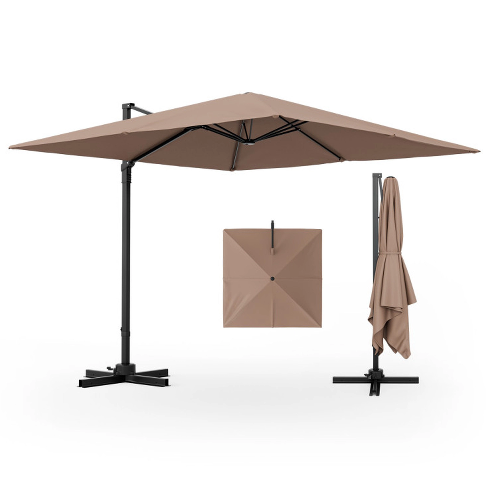 SUGIFT 9.3-ft Square Patio Cantilever Umbrella with 360° Rotation Foot Pedal and Cross Base Coffee Polyester Canopy