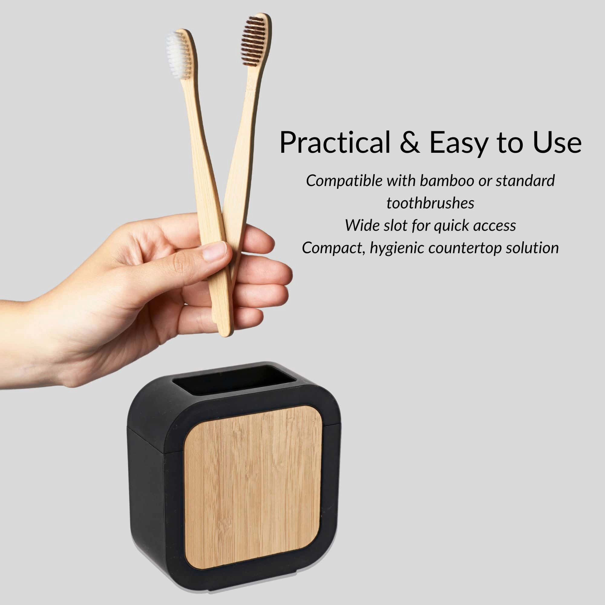 Evideco French Home Goods Urban Compact Toothbrush Holder - Rubber Body with Natural Wood Accent