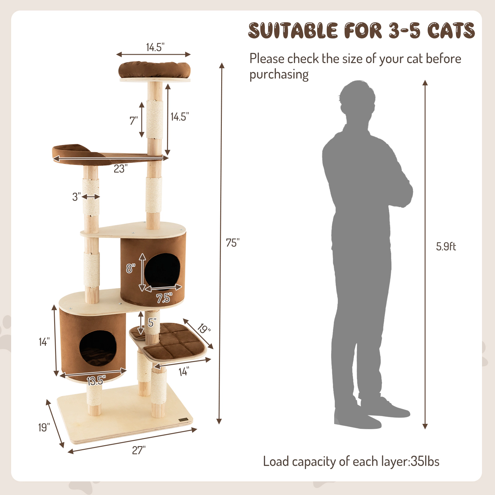 SUGIFT 75 in Wooden Cat Tree Brown 6-Tier with 2 Removable Condos and Padded Perch