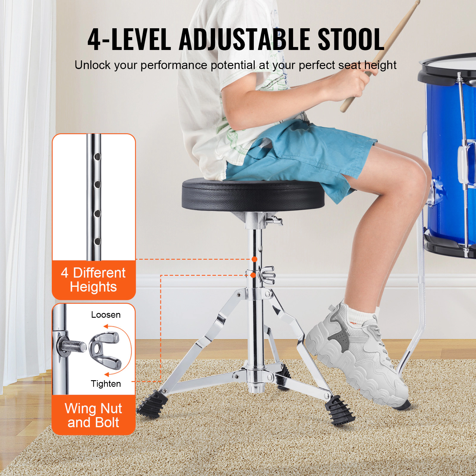 HONGGE Kids Drum Set Junior Sets Beginner Drums with Adjustable Throne Cymbal & Two Pairs of Drumsticks
