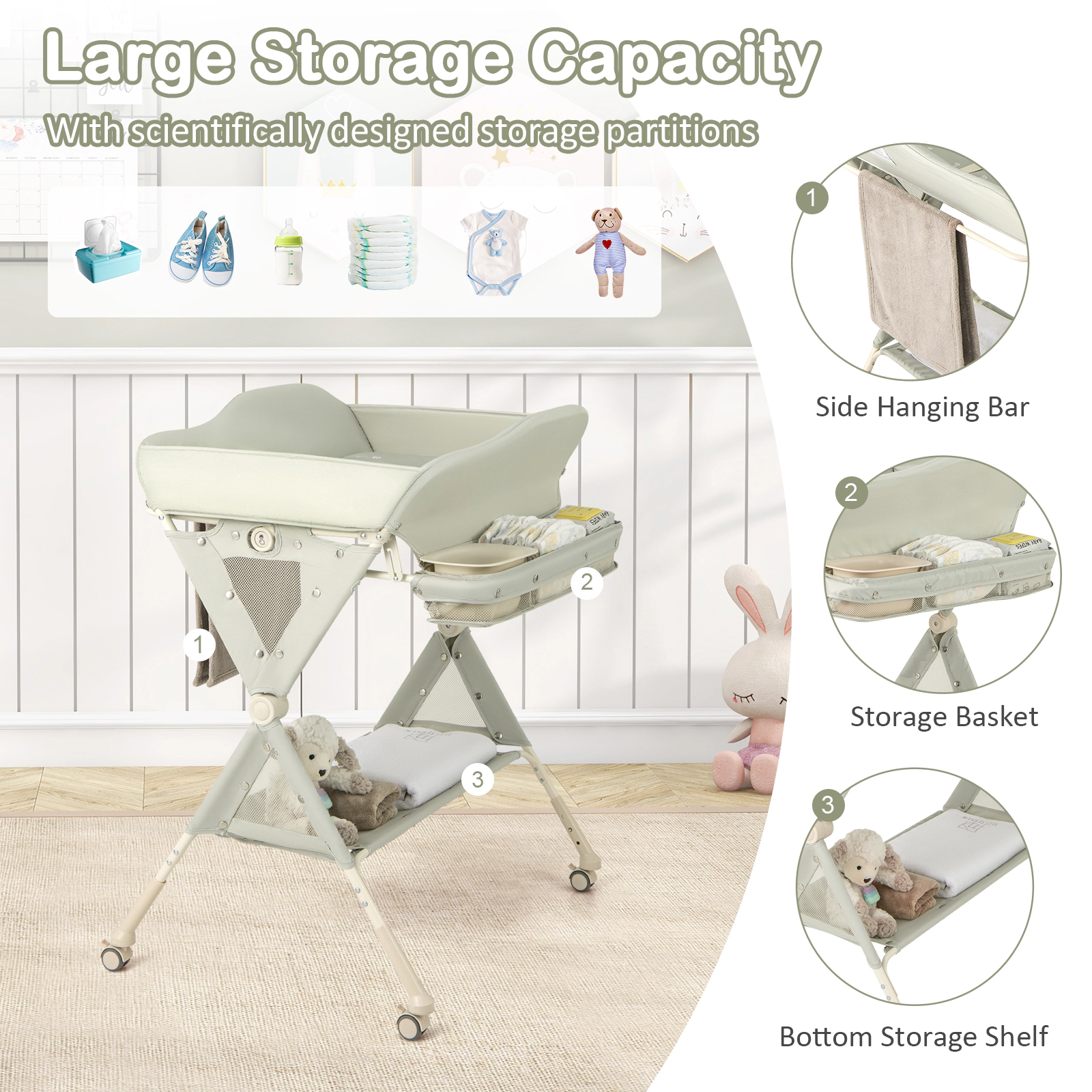 SUGIFT Baby Diaper Changing Table Green with Water Basin Growth Ruler and Wheels