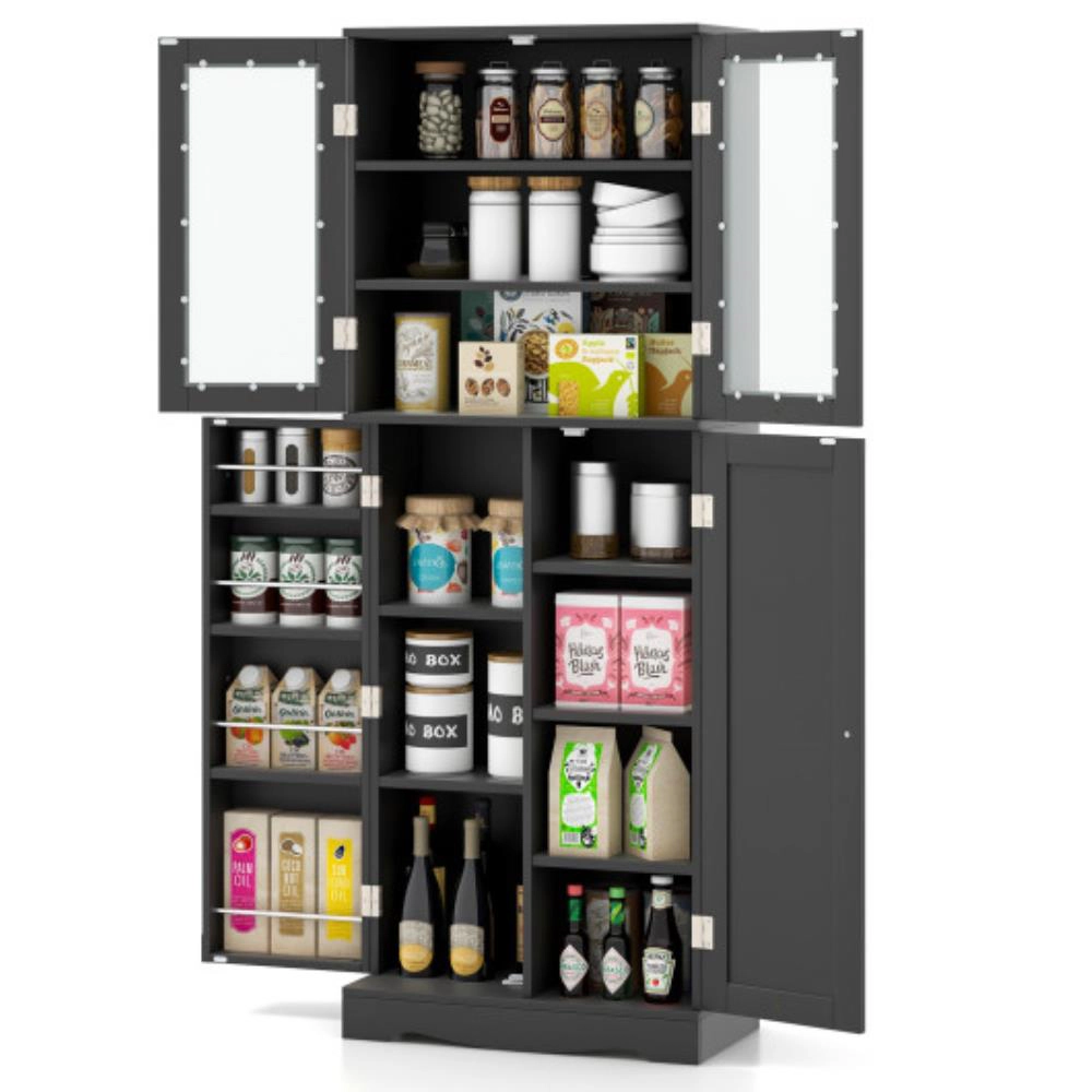 Hivvago Tall Kitchen Pantry Cabinet With Dual Tempered Glass Doors And Shelves