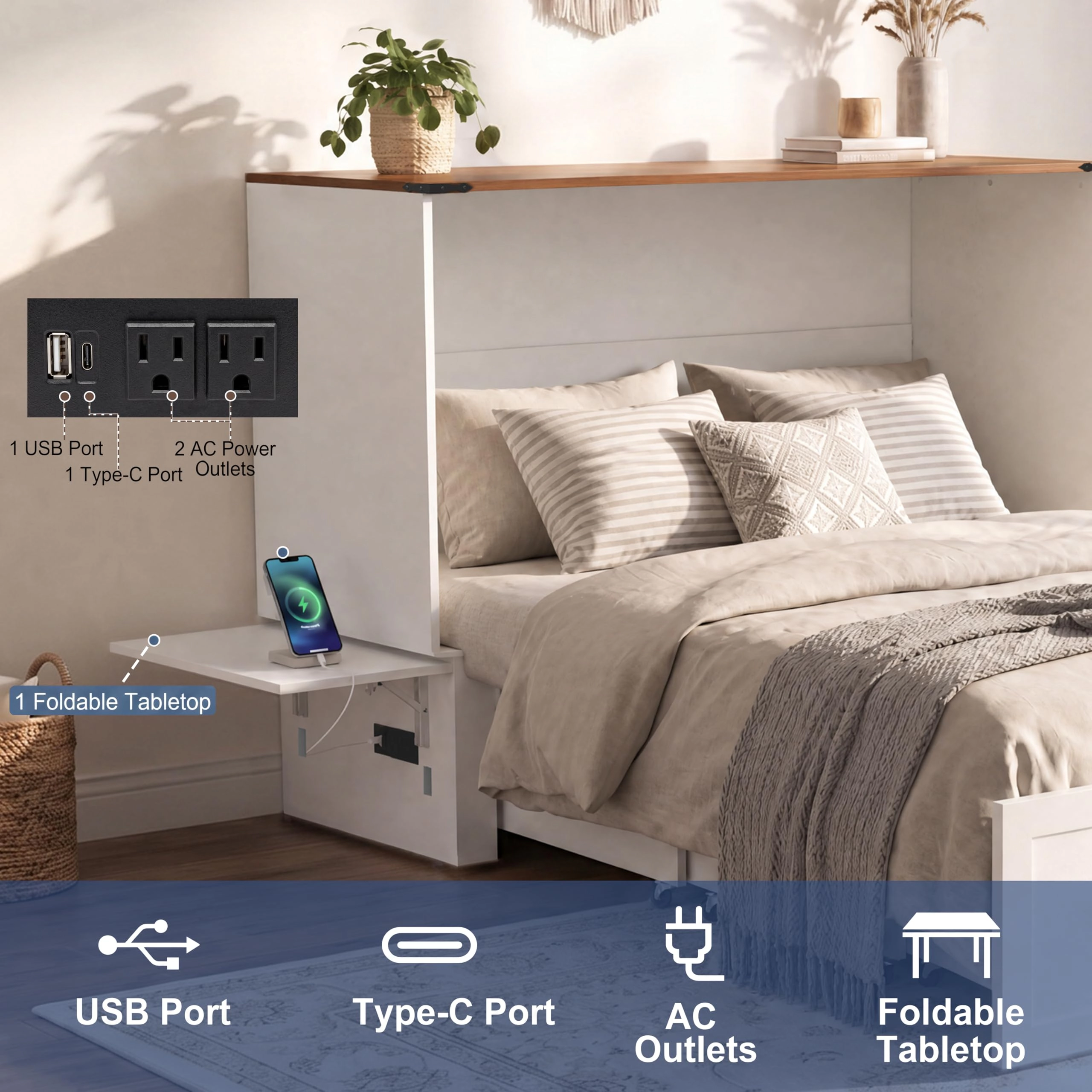 Queen Murphy Bed Cabinet with Storage Drawer, Charging Station & Fold-Out Platform Bed with Mattress Included