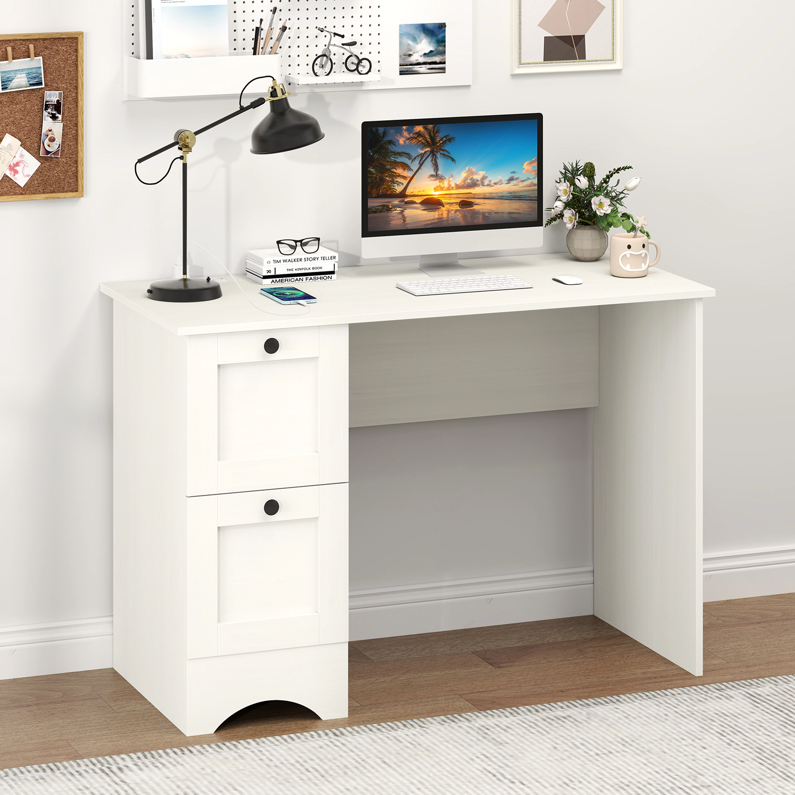 SUGIFT 43-Inch Modern White Computer Desk with 2 Drawers, Charging Station and Cable Hole
