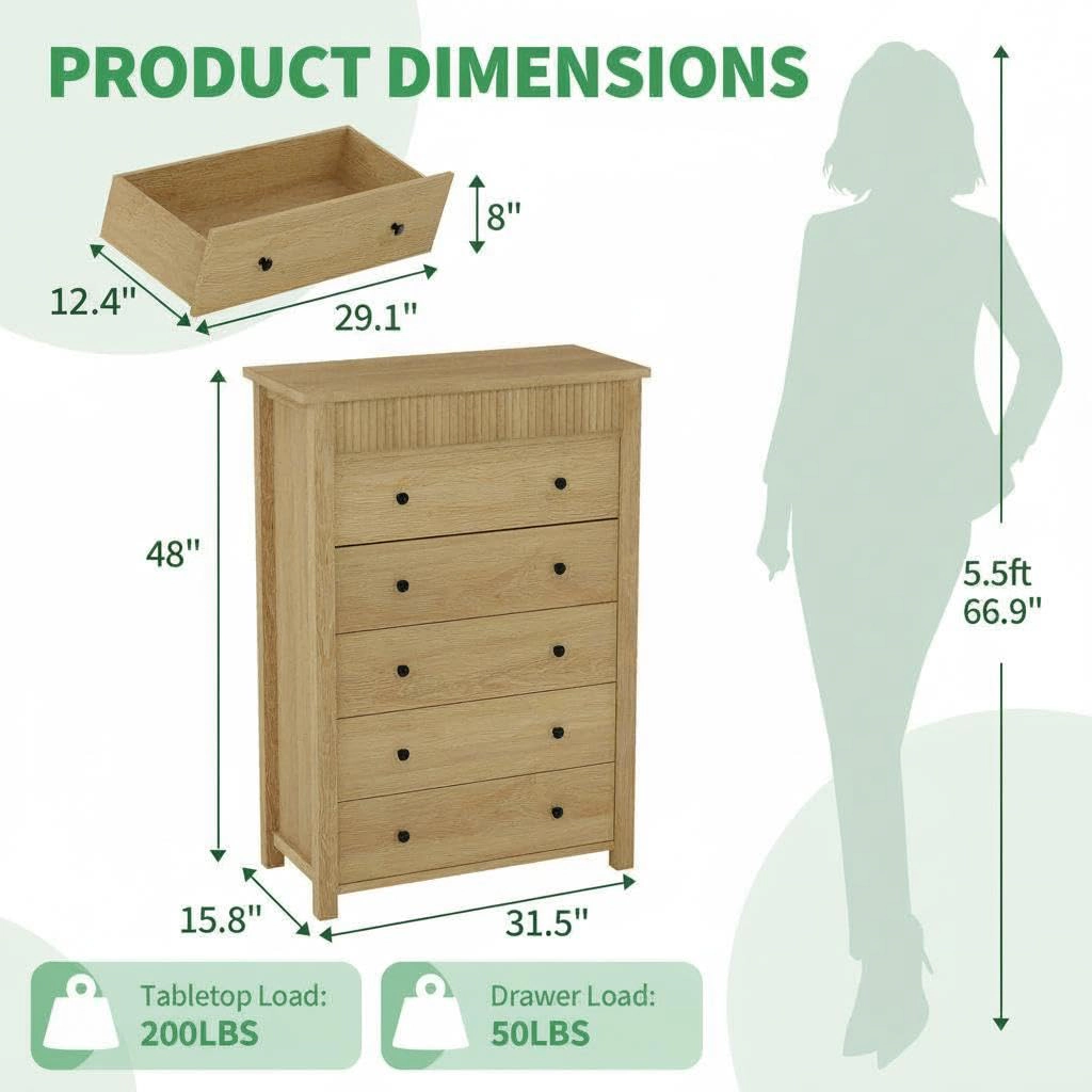 Modern Fluted 5 Drawer Tall Dresser, 31.5" Wide Wooden Storage Chest for Bedroom