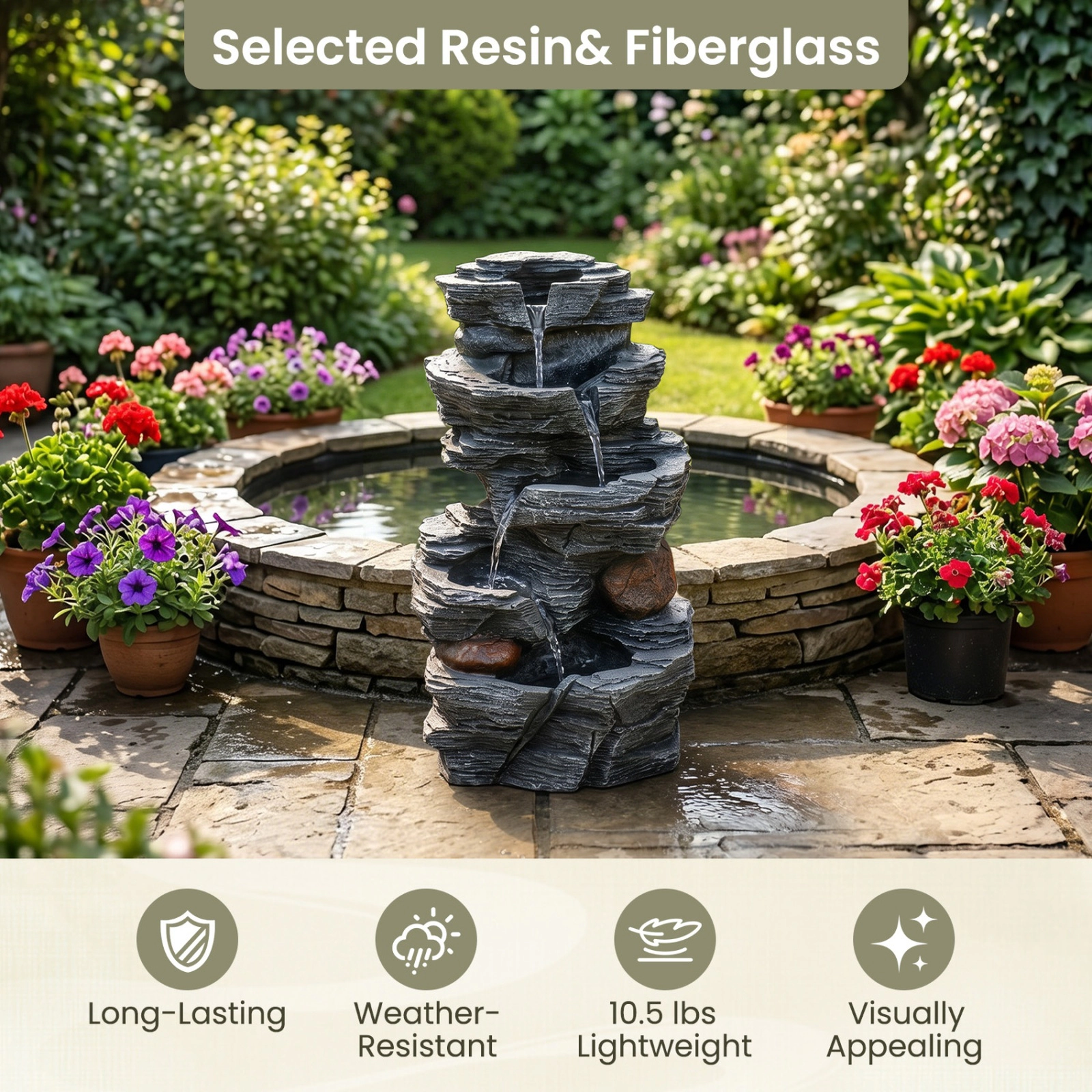 SUGIFT 5-Tier Tabletop Cascading Rock Water Fountain with LED Lights and Pump 18-in Tall Resin Fiberglass Gray