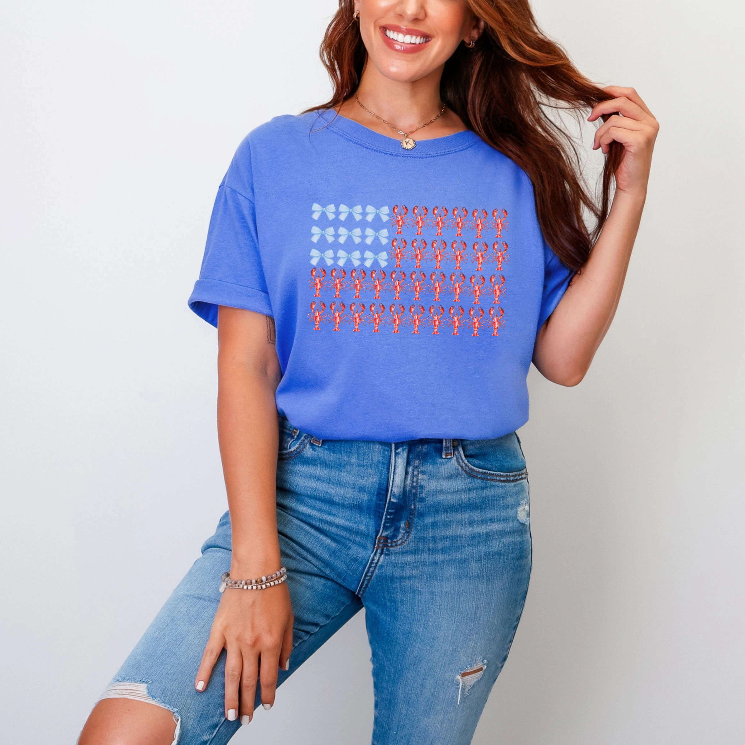 Simply Sage Market - Lobster American Flag Coquette Women's Garment Dyed Graphic T-Shirt