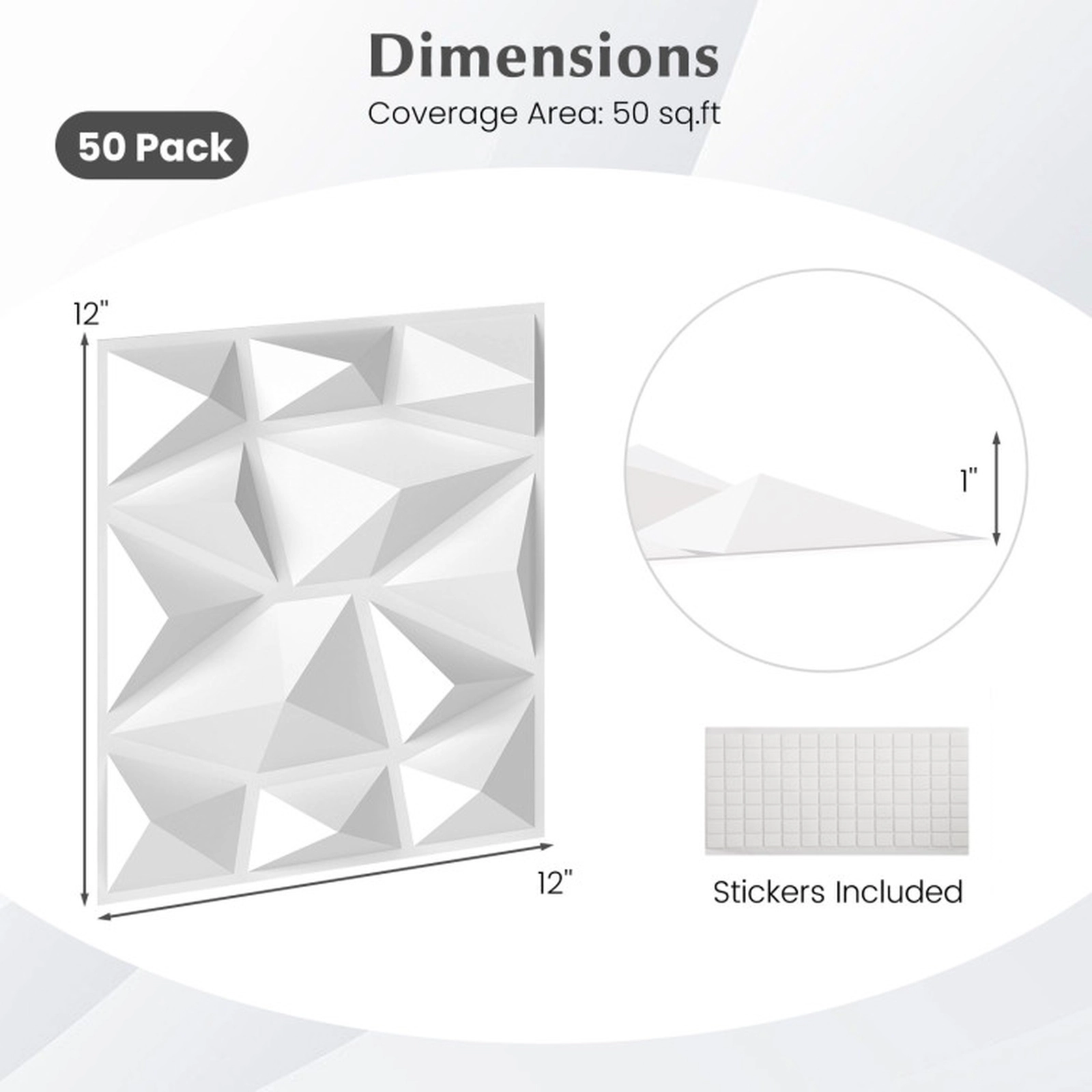 SUGIFT 50-Pack Diamond Relief Paintable PVC 3D Wall Panels 12-in x 12-in x 1-in 50 sq ft Coverage 8-lb White
