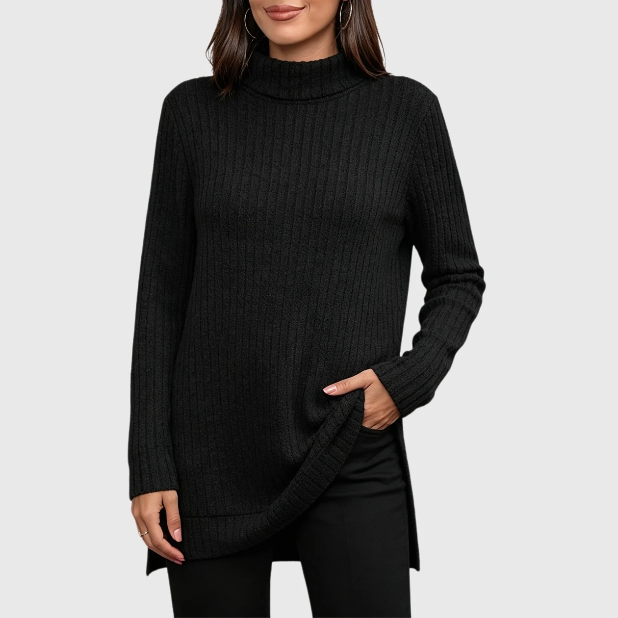 YesFashion Womens Turtleneck Long Sleeve Tunic Top Casual Fall Side Split Oversized Pullover Sweater