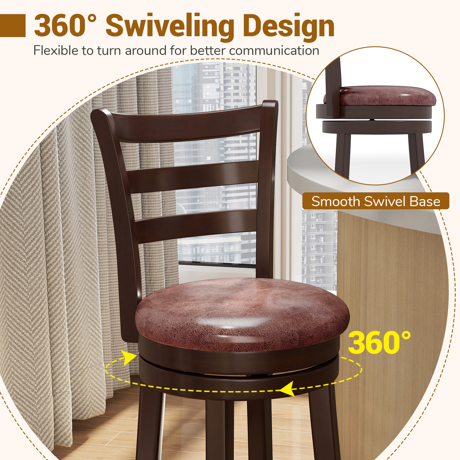 SUGIFT Counter Height 360° Swivel Bar Stools Set of 2 with Faux Leather Seat 400-lb Capacity Cappuccino