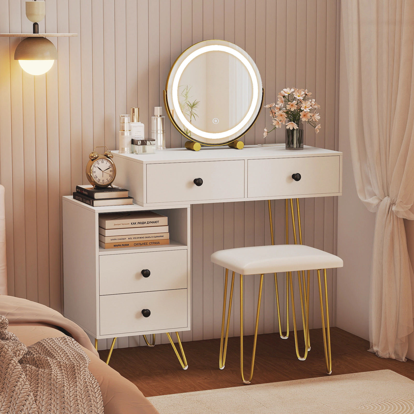 SUGIFT Off White Modern Dressing Vanity Table with Reversible Side Cabinet Jewelry Drawer and LED Mirror