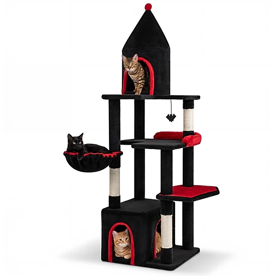 SUGIFT 63-in Black and Red Gothic Cat Tree Tower with Top Cave Condo for Large Cats 19.5-in Square Base