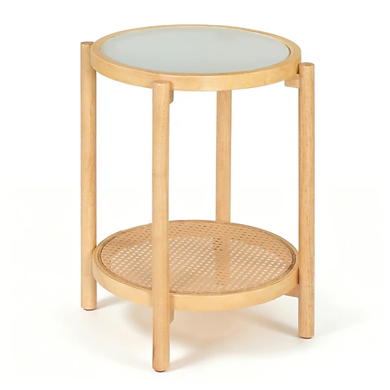 SUGIFT 18.5-Inch Round 2-Tier Rattan and Glass Nightstand Side Table