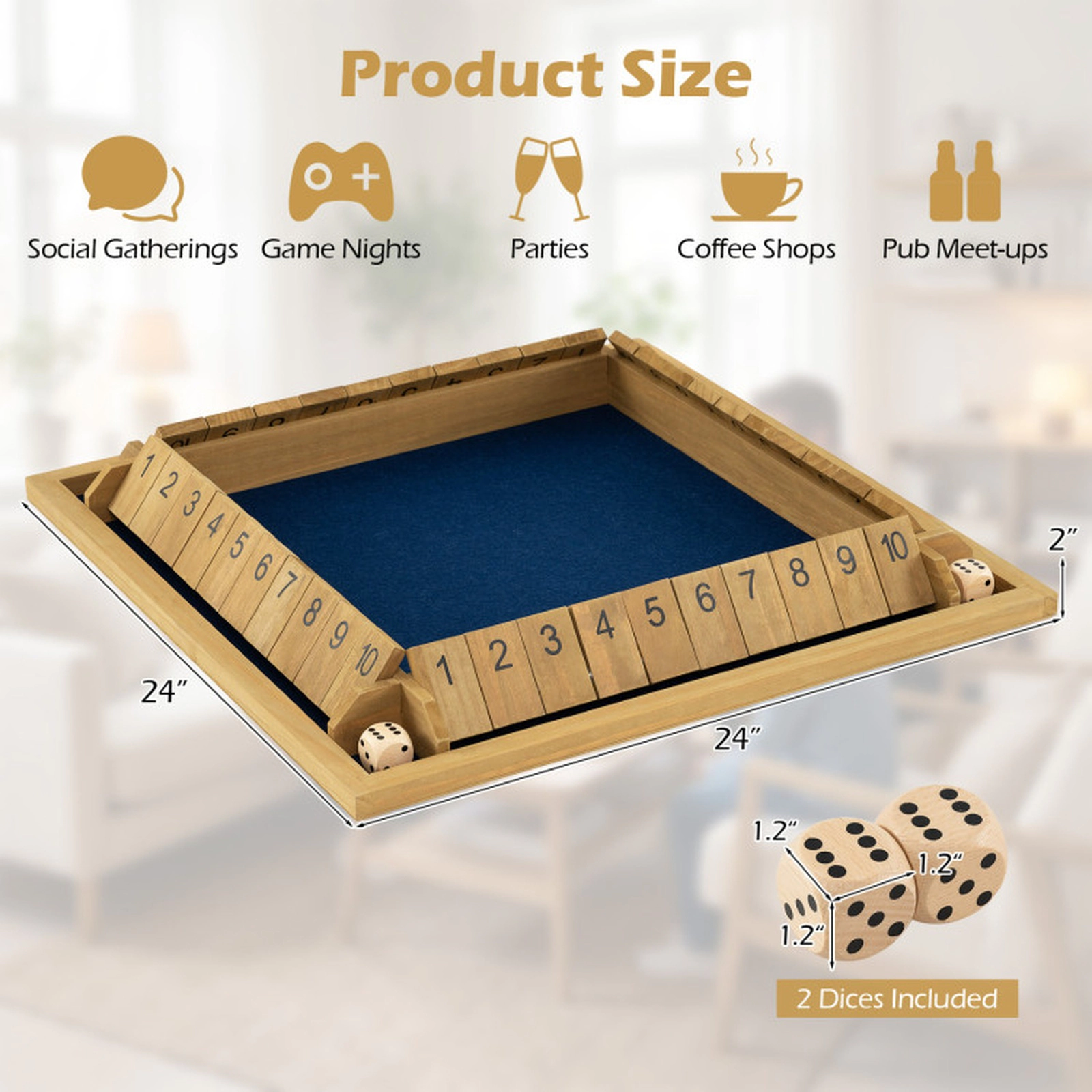 SUGIFT 24-in Extra-Large 4-Sided Wooden Shut The Box Dice Game with Silk-Screened Numbers and Felt Bed