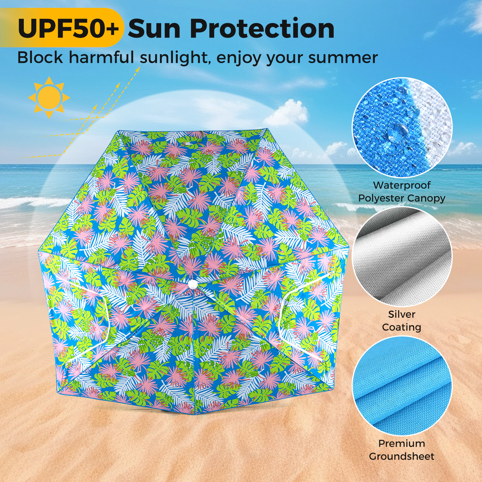 SUGIFT UPF50+ Sun Protection 2-in-1 Beach Umbrella Tent with Portable Carrying Bag Blue