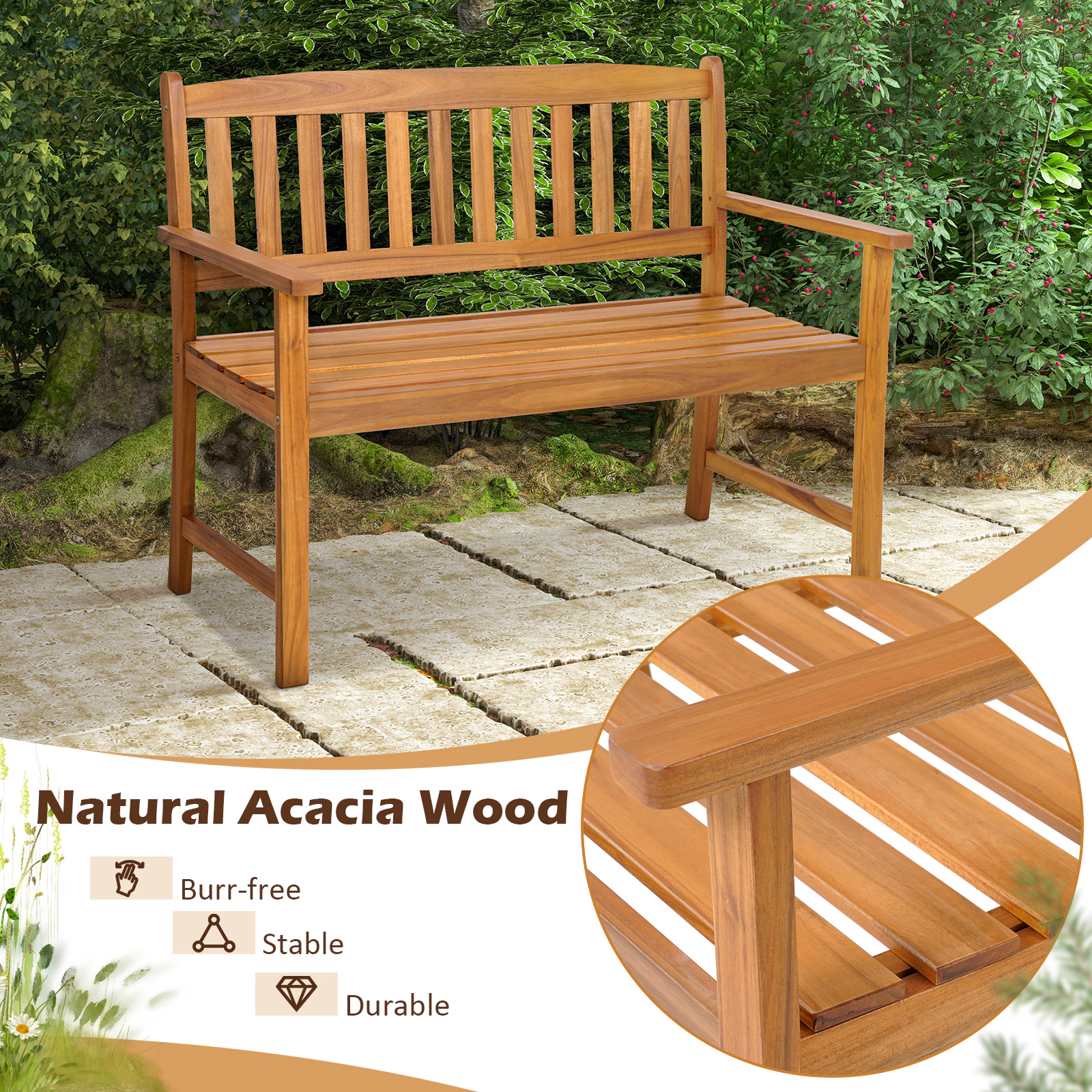 LJG 2-Person Patio Acacia Wood Bench with Backrest and Armrests