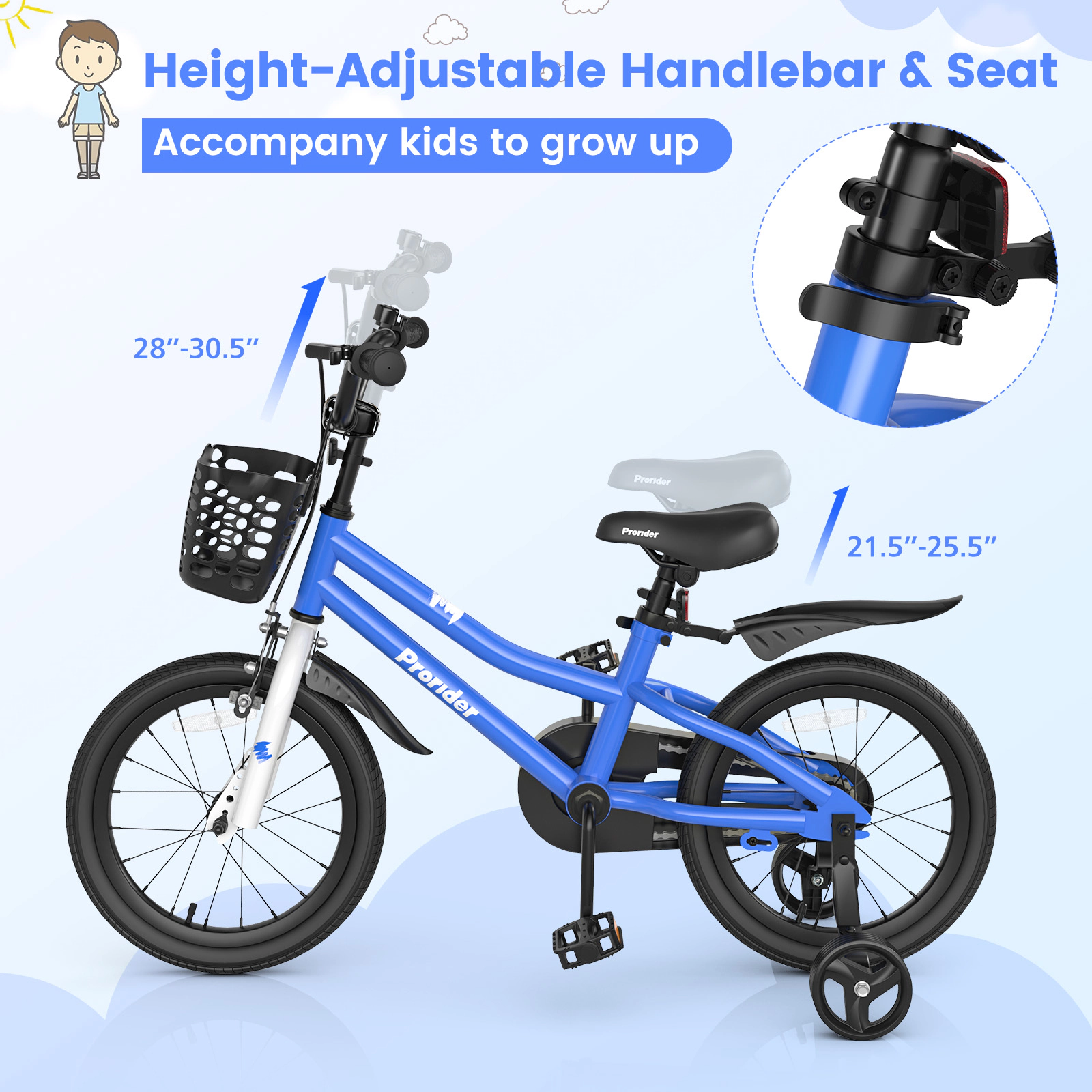16-in Kids Bike Removable Training Wheels Front Basket Adjustable Handlebar Coaster Brake Ages 4-7 Blue