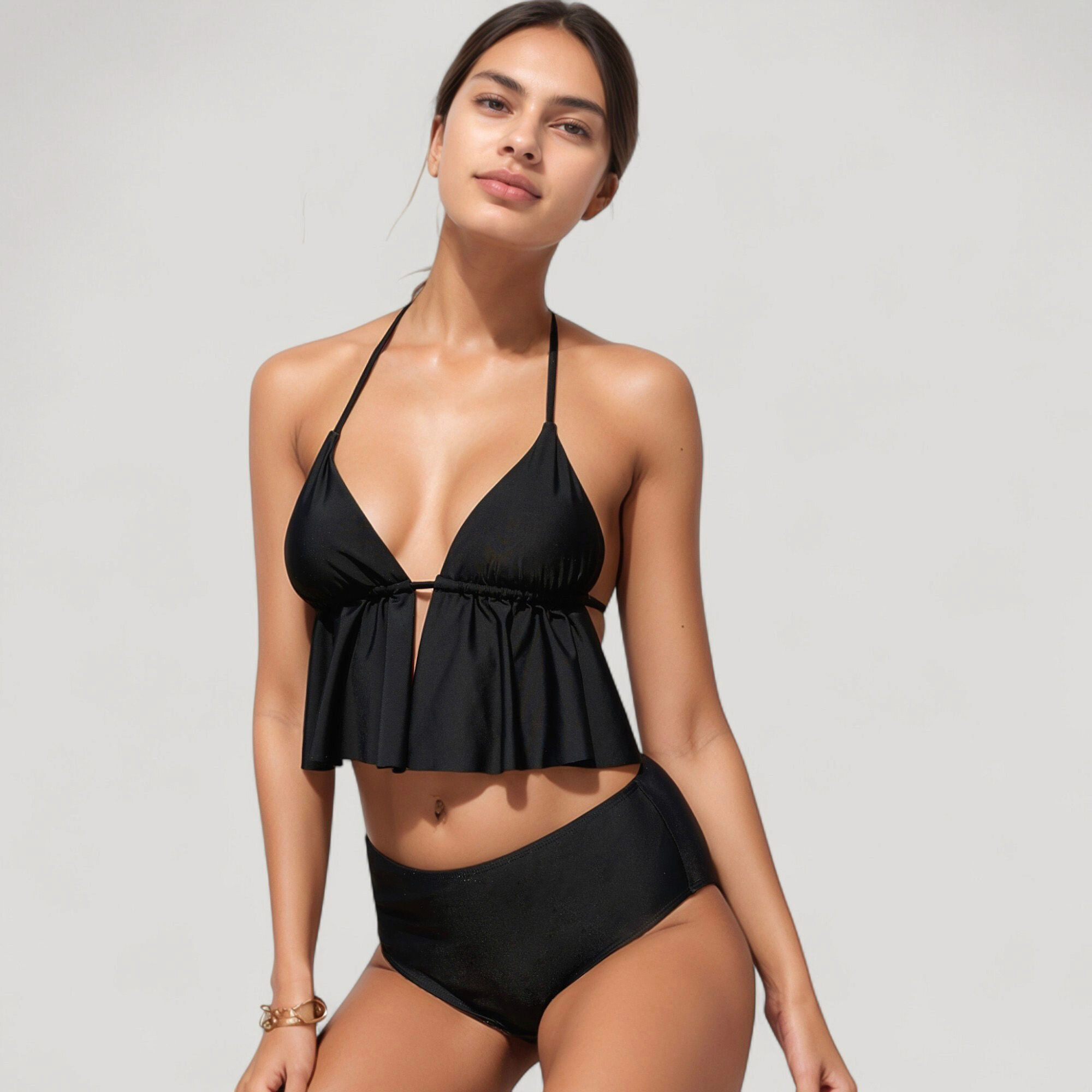 Anna-Kaci Women's Halter Bikini Set with Ruffle Tank Style Top and High Waist Bottoms
