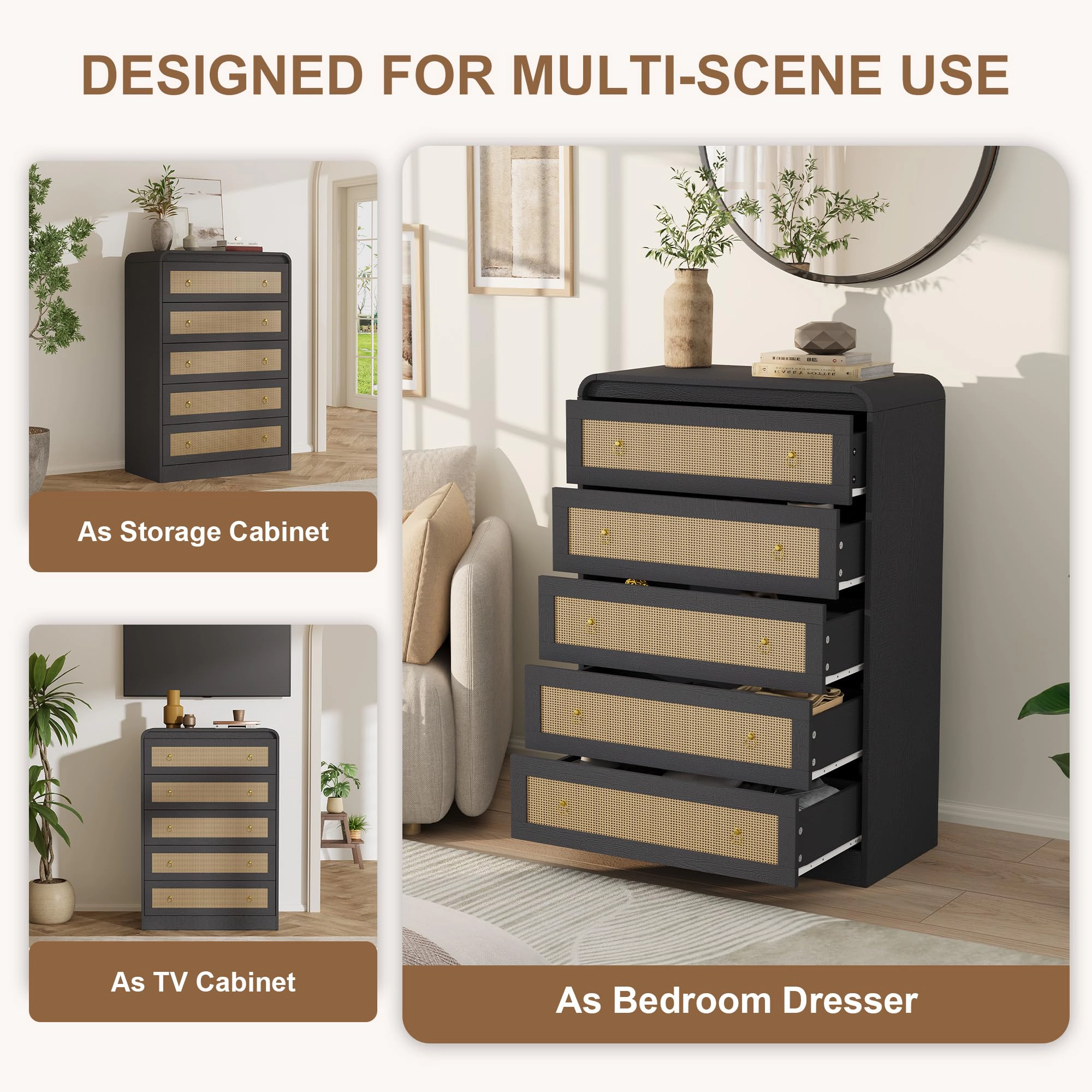 5 Drawer Rattan Dresser with Rounded Corners, 31" Tall Modern Wooden Storage Cabinet for Bedroom Living Room