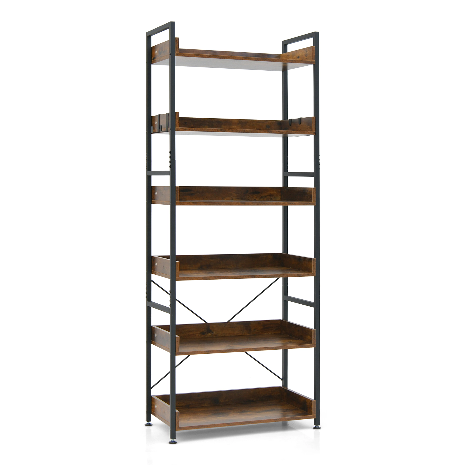 SlickBlue 6 Tier Industrial Bookshelf with 4 Hooks