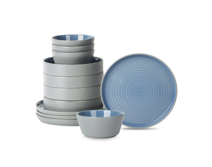 Stone Lain Elica 12-Piece Stoneware Dinnerware Set, Service for 4, Blue and Grey