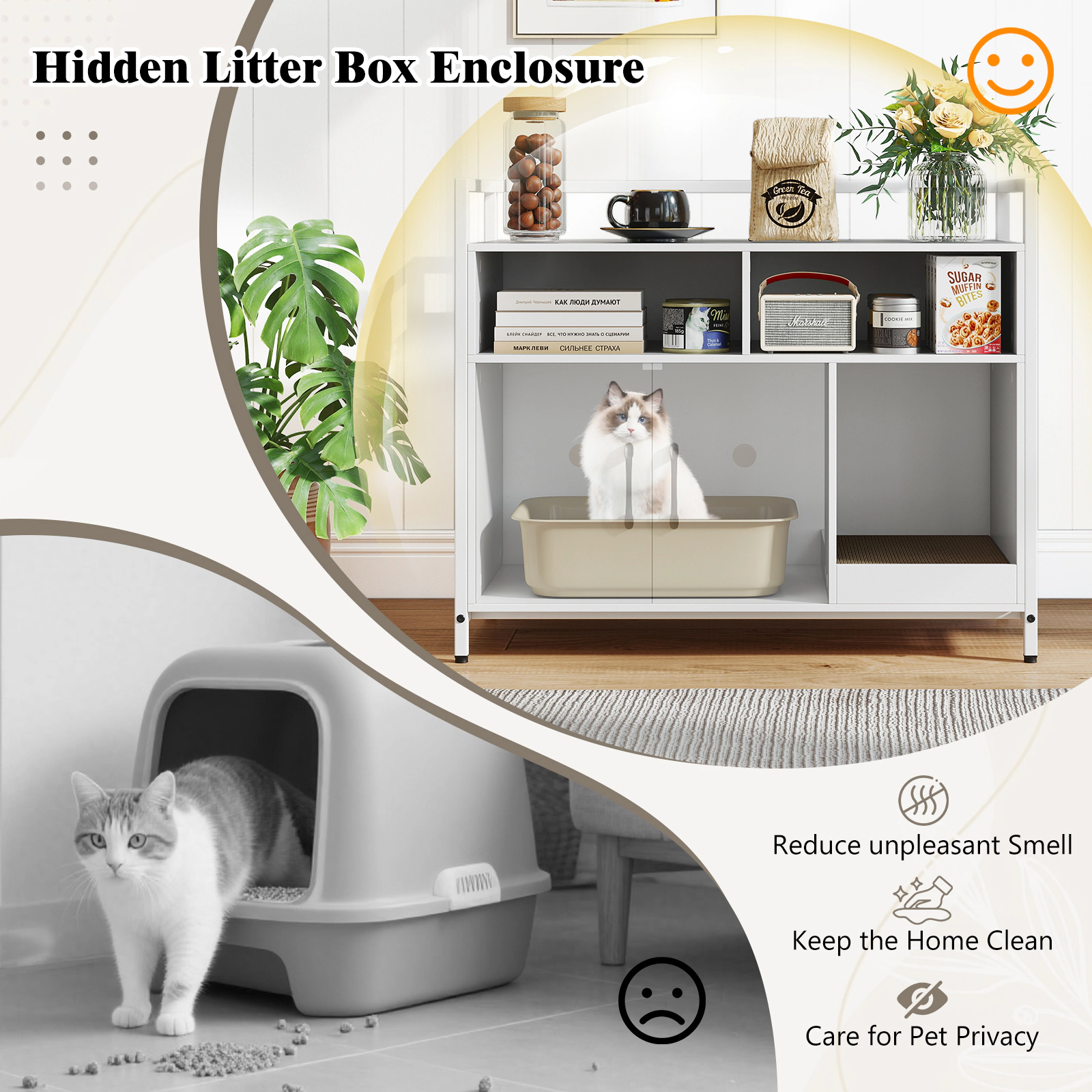 SUGIFT 35 x 29.5-in 110-lb Capacity Off White Hidden Cat Litter Box Enclosure with Double Doors and Scratch Board